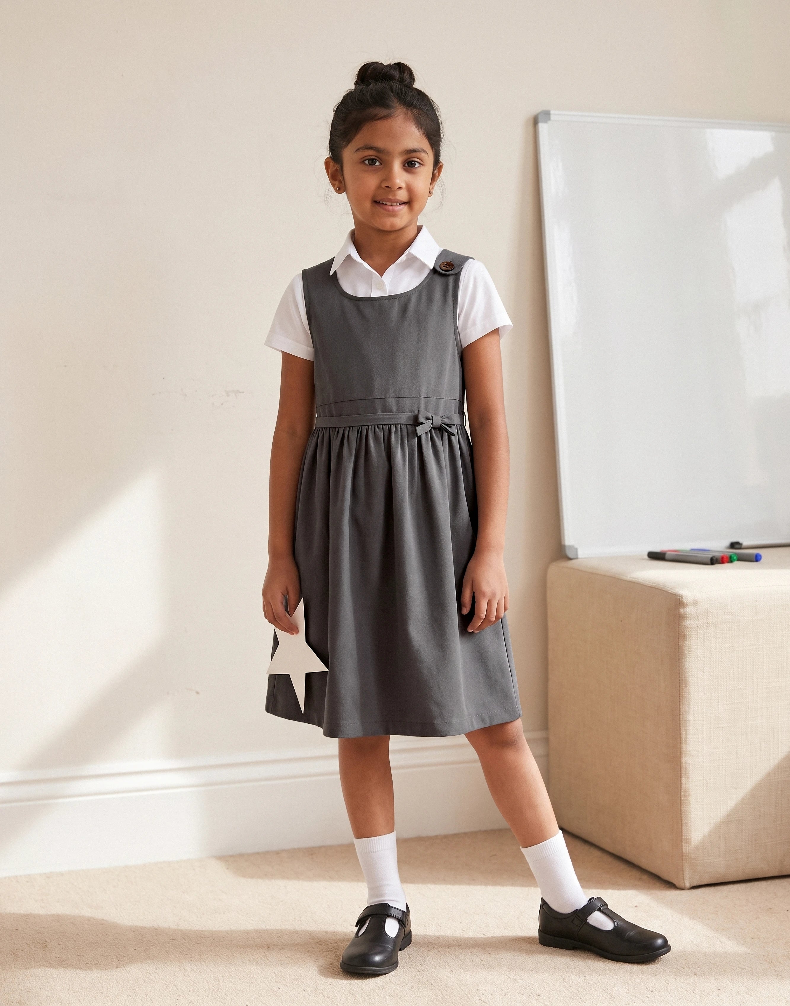 Girls' School Pinafore Dress with Bow | Organic Cotton