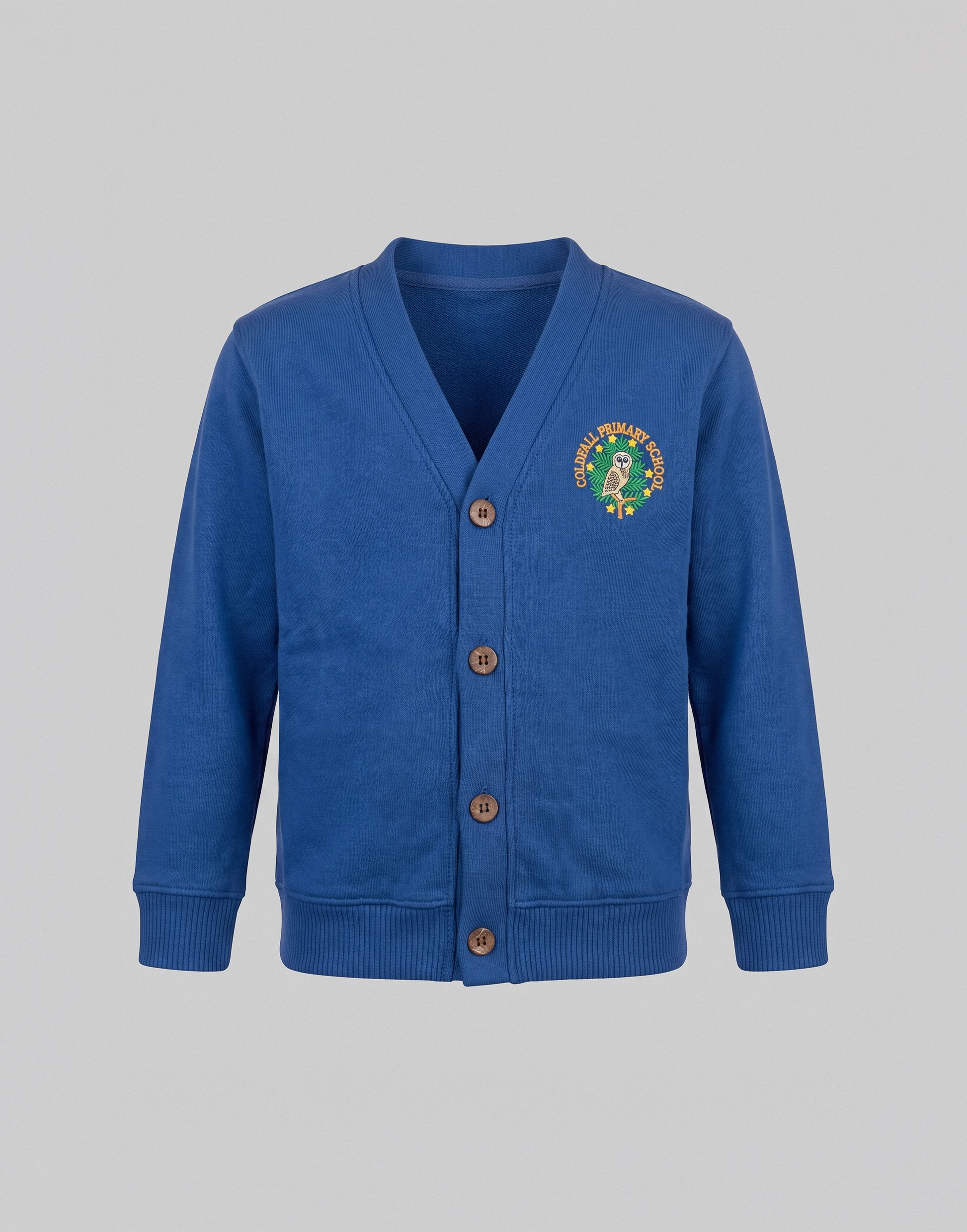 A royal blue cardigan sweater with a V-neck, button closure, and a circular embroidered school crest on the left chest, displayed on a neutral gray background.