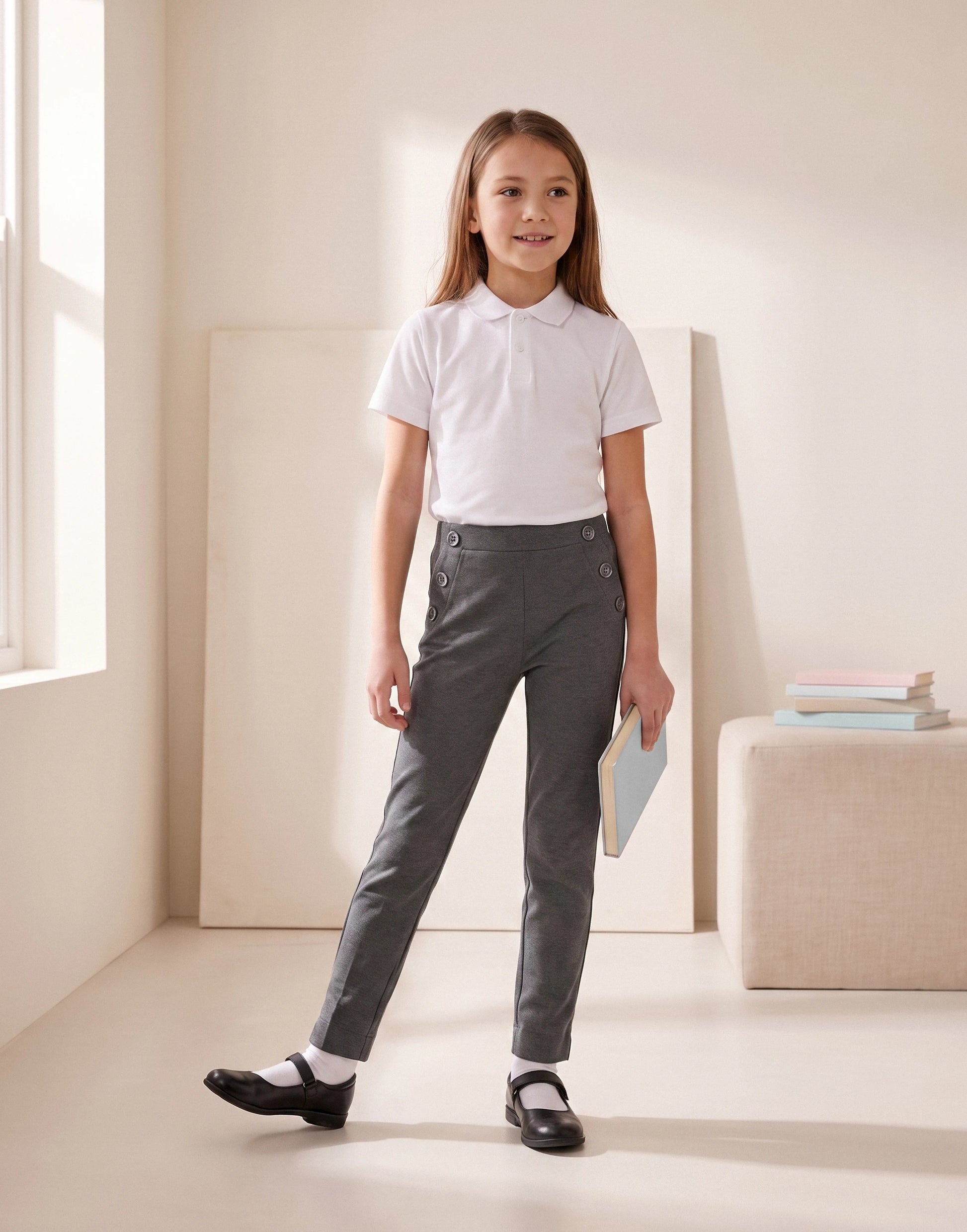 Girl wearing grey organic cotton jersey school trousers, front view.