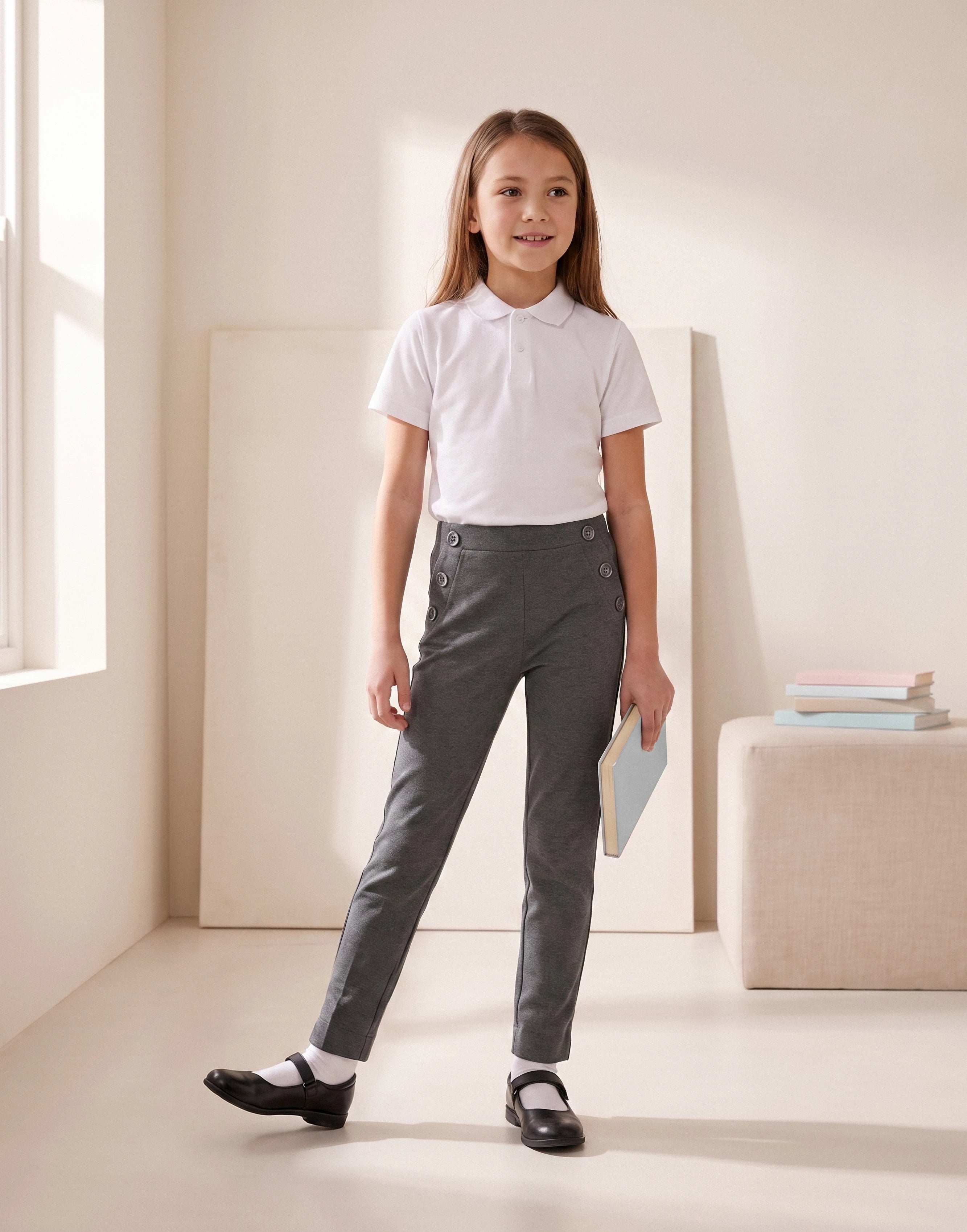 Girl wearing grey organic cotton jersey school trousers, front view.