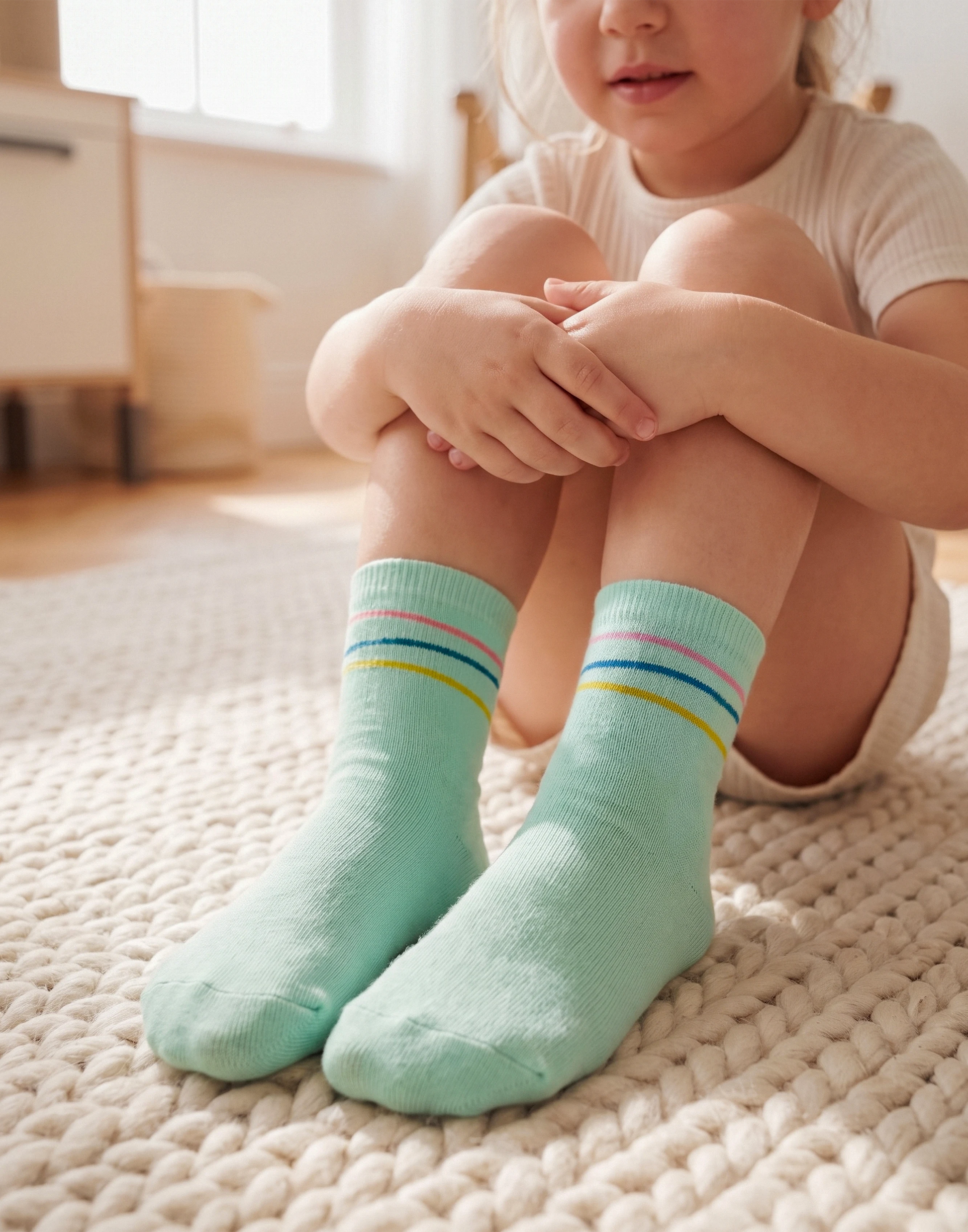 A child sitting on a textured cream rug wearing mint green crew socks with thin pastel stripes in pink, yellow, and blue.