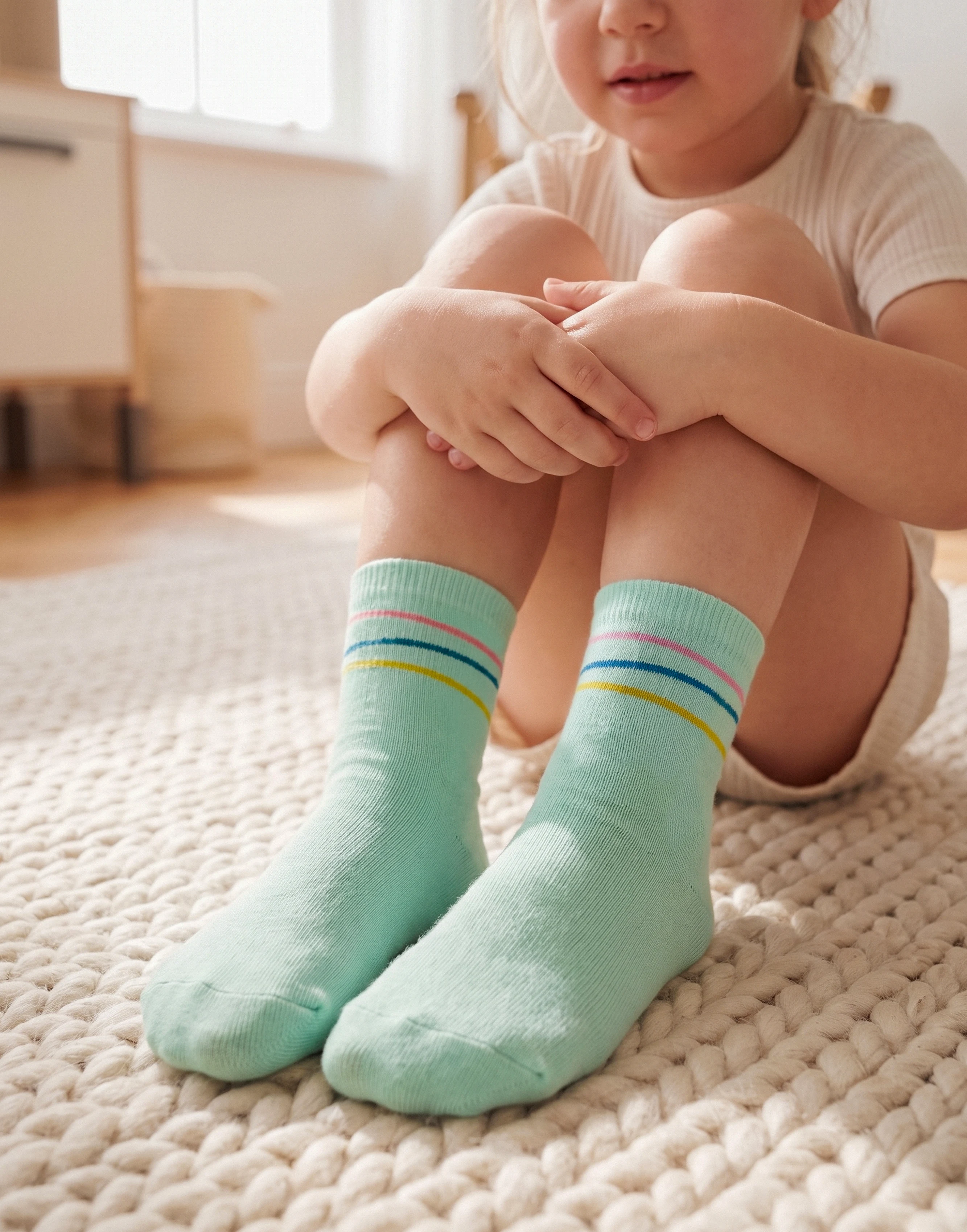 A child sitting on a textured cream rug wearing mint green crew socks with thin pastel stripes in pink, yellow, and blue.