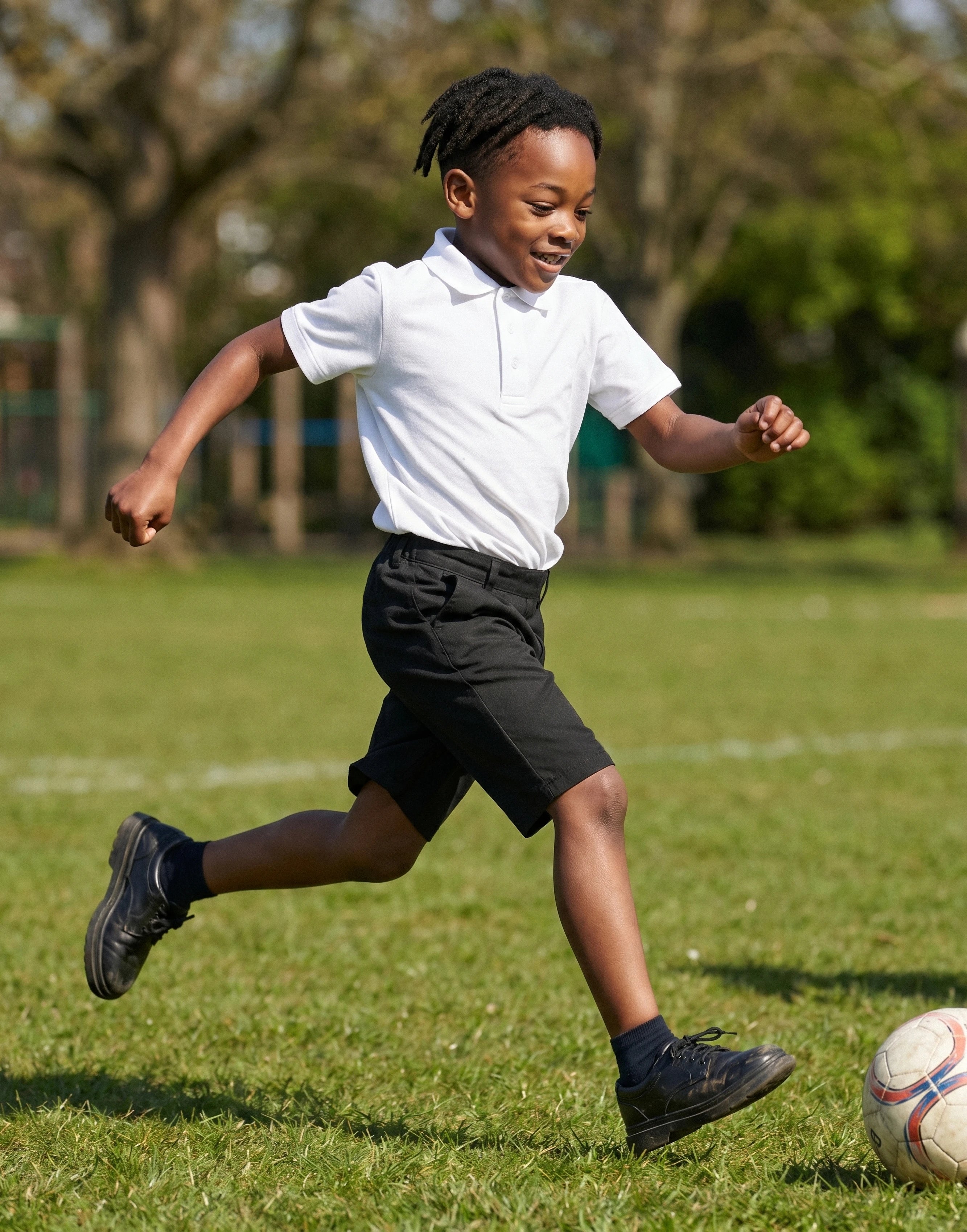 Boy wearing black classic fit organic cotton school shorts, front view