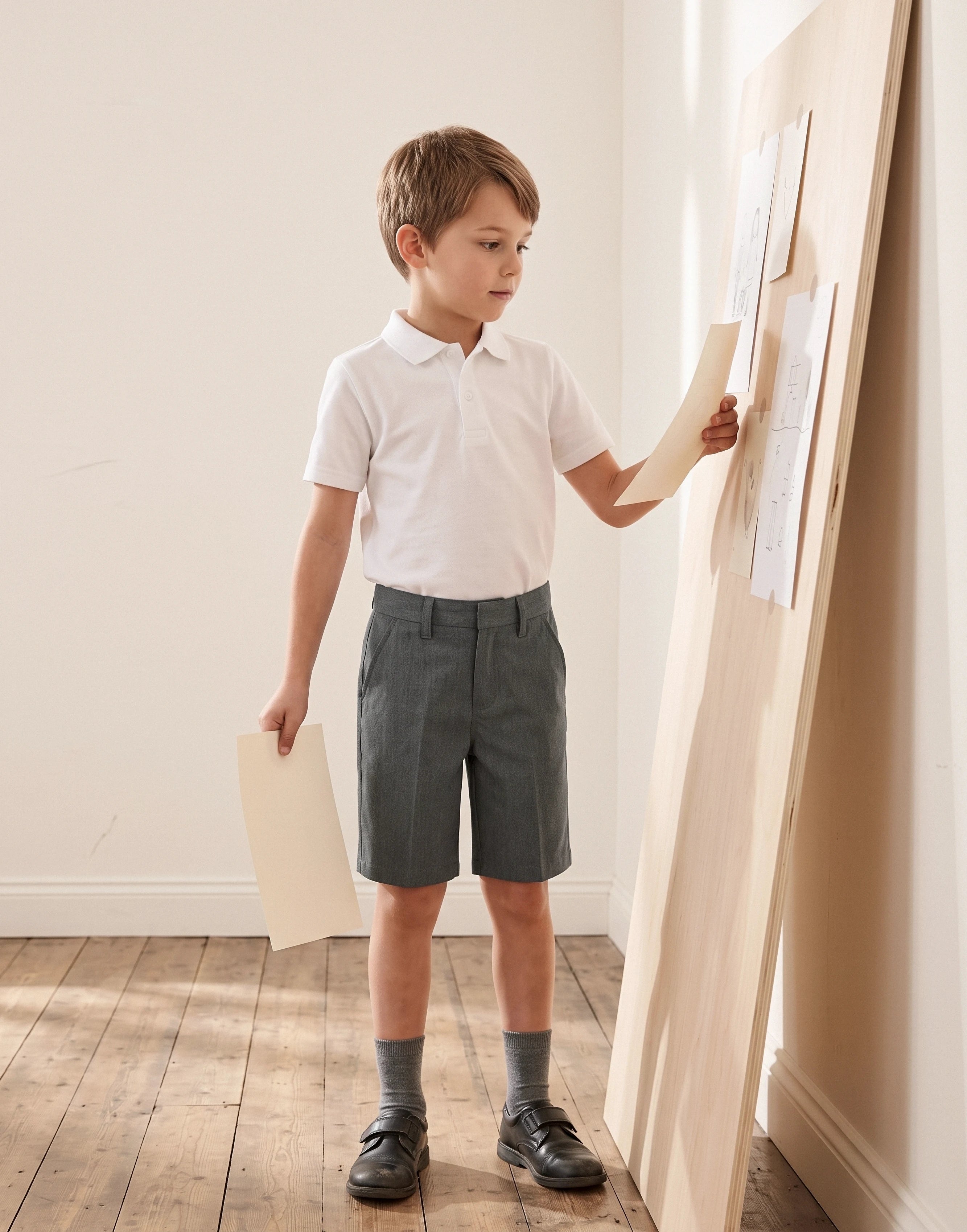 Boy wearing grey classic fit organic cotton school shorts, front view