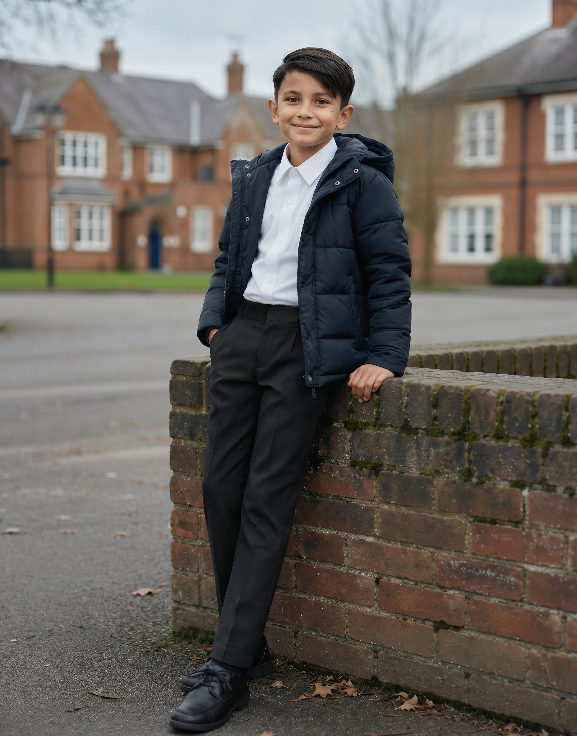 Young boy wearing black classic fit school trousers made from 100% organic cotton, front view