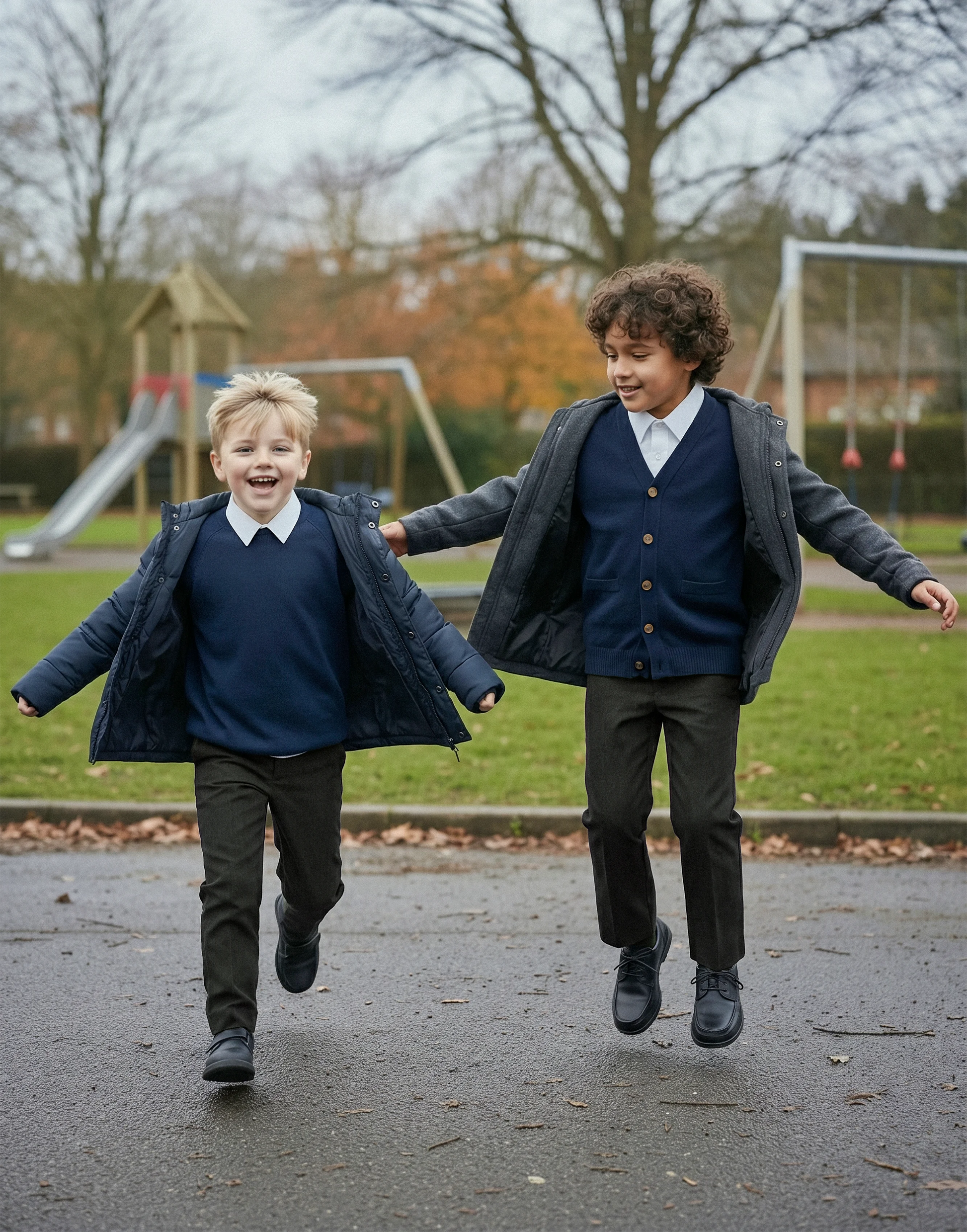 Two children wearing charcoal classic fit school trousers made from 100% organic cotton, front view