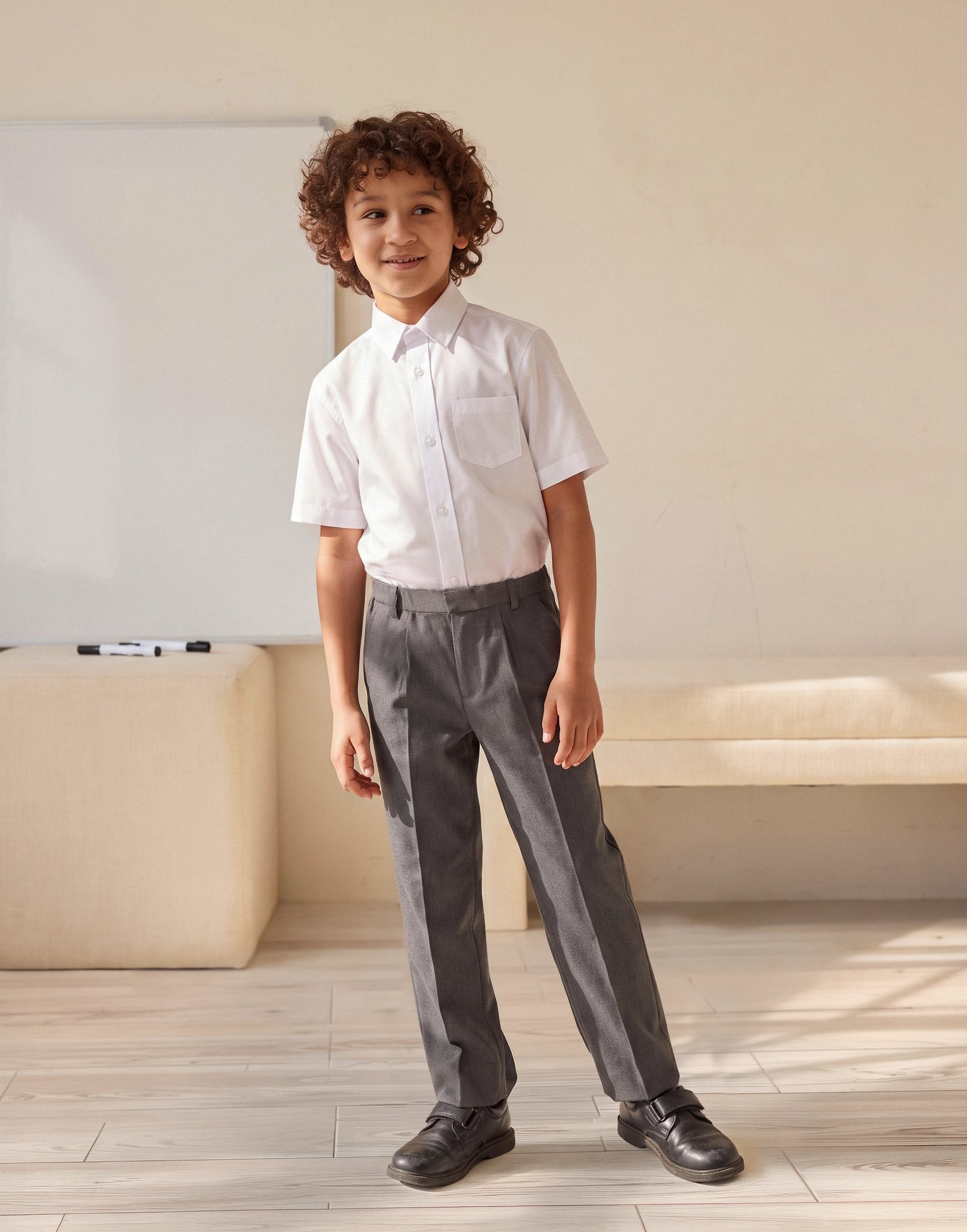 A boy wearing grey 100% GOTS-certified organic cotton school trousers with classic fit front view 