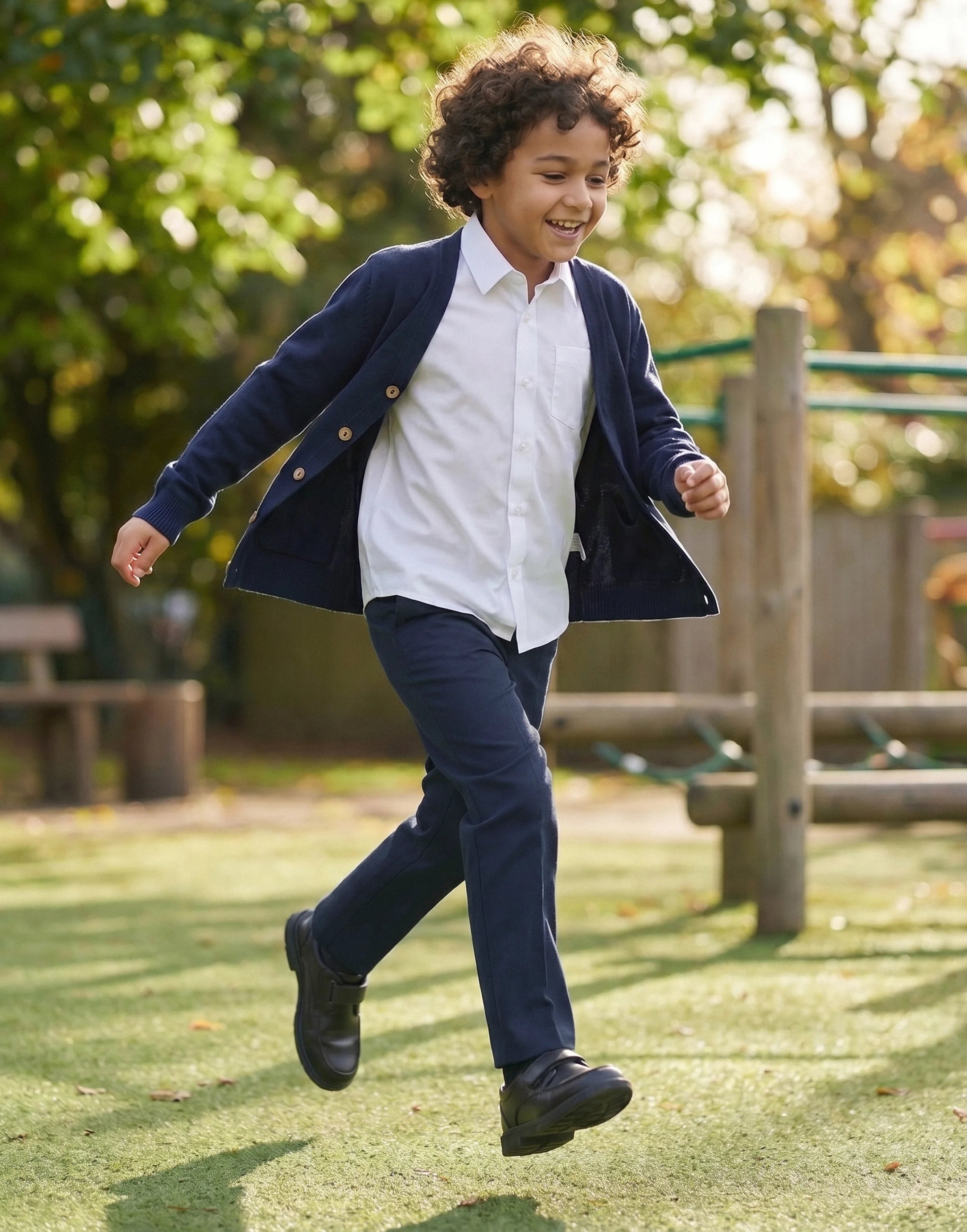 Young boy wearing navy classic fit school trousers made from 100% organic cotton, front view