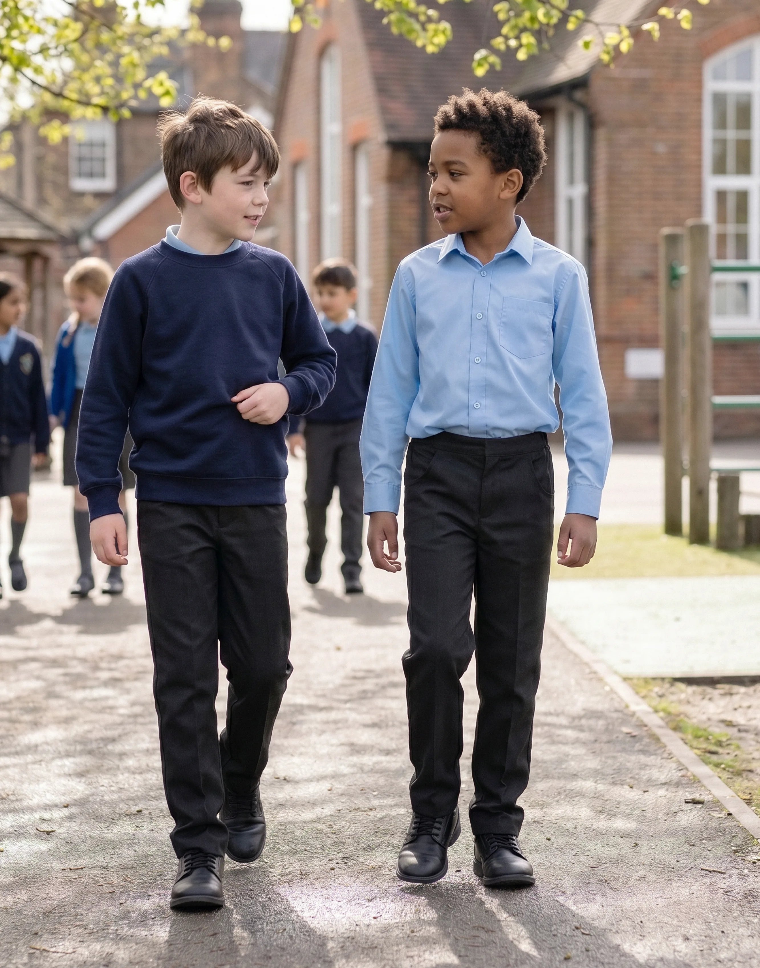 Boys wearing black slim fit organic cotton school trousers, front view.