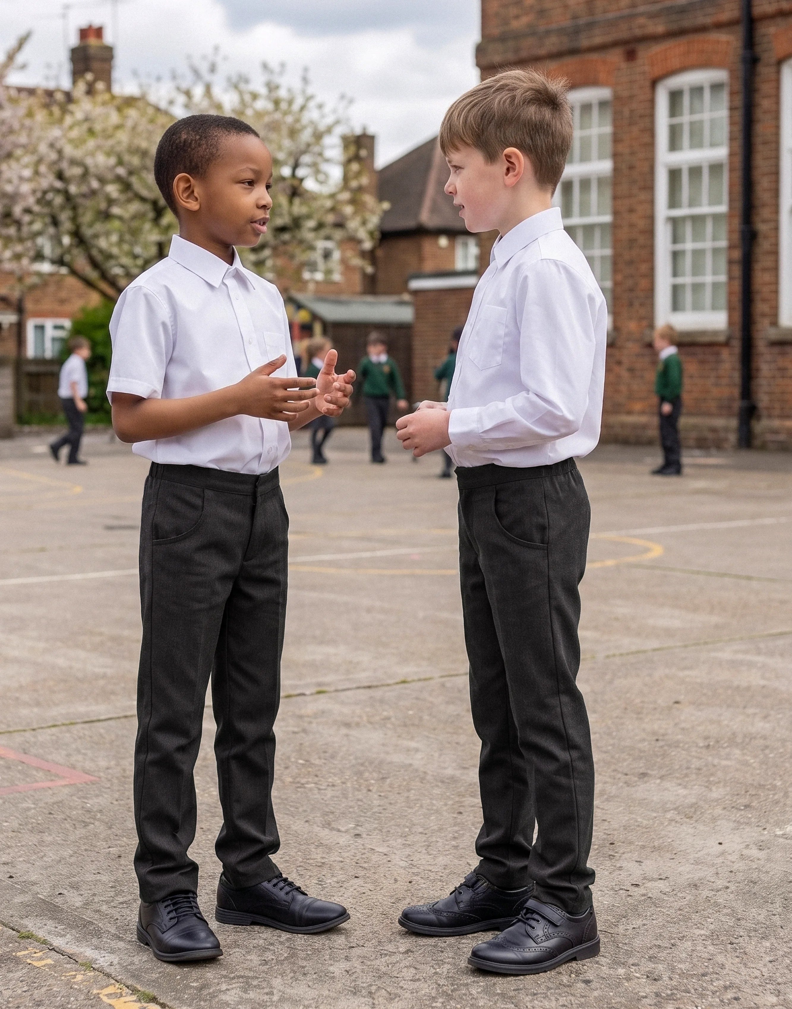 Boys wearing charcoal slim fit organic cotton school trousers, side view.