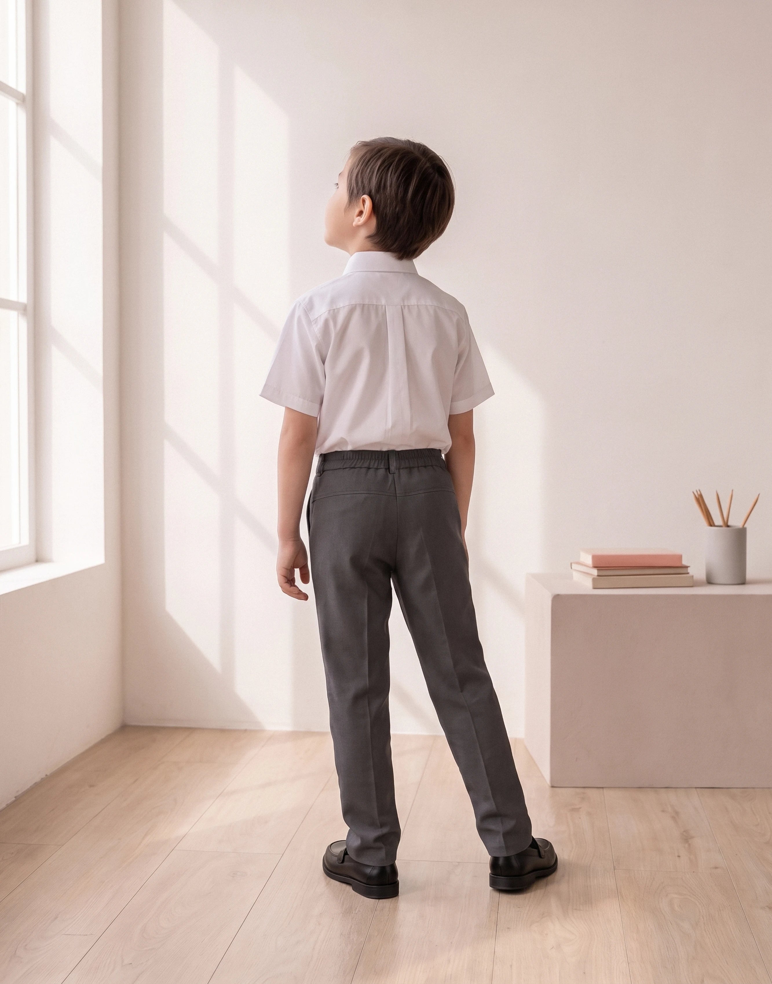 Child in a white shirt and grey slim fit trousers made from 100% organic cotton, back view 