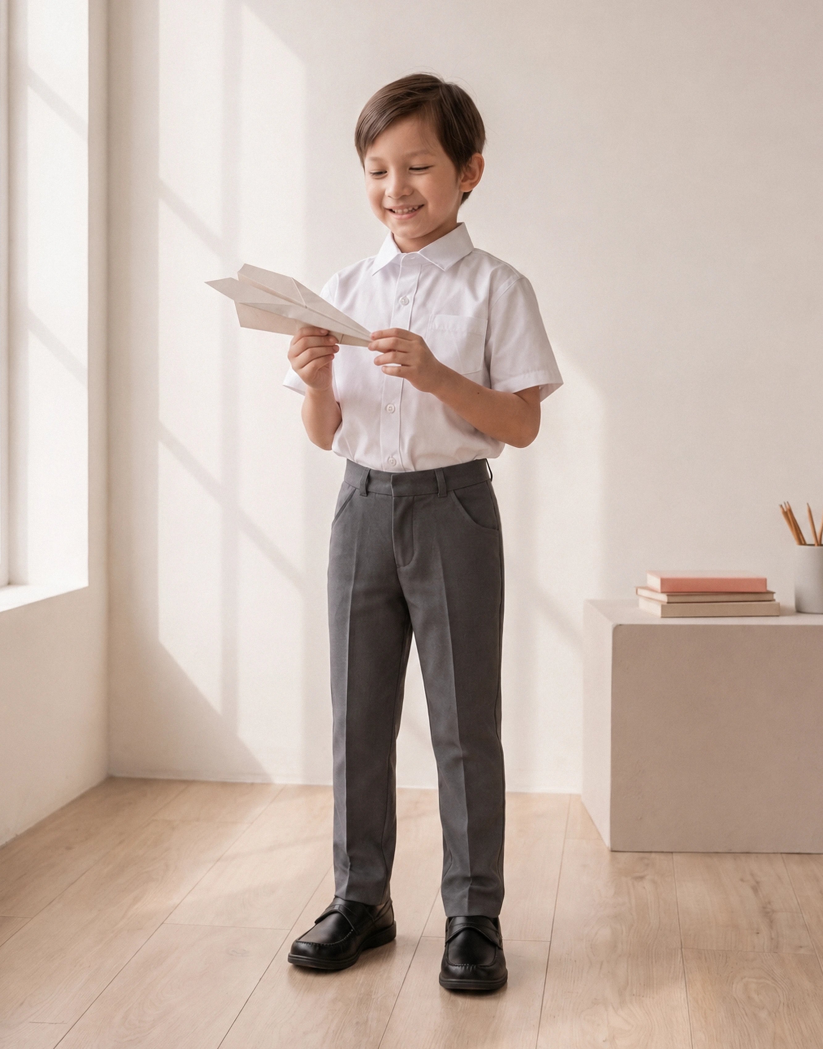 Boy wearing grey slim fit organic cotton school trousers, side view