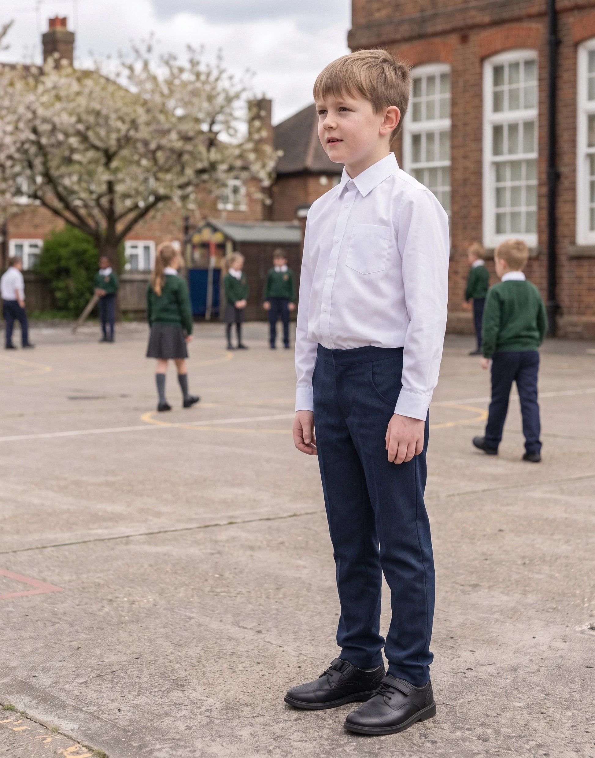 Side view of navy slim fit boys' organic cotton school trousers