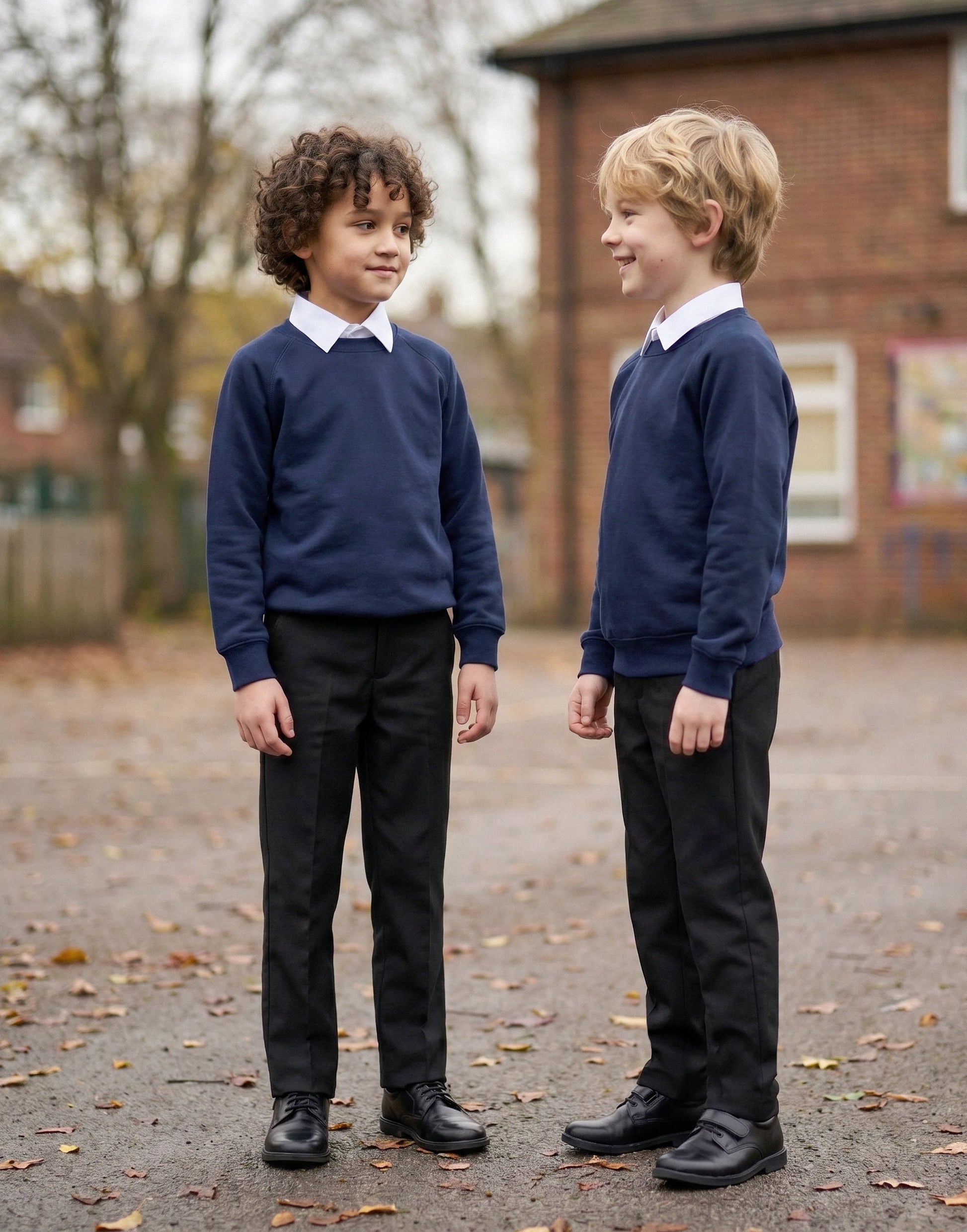 Boys wearing black slim style organic cotton school trousers, front view