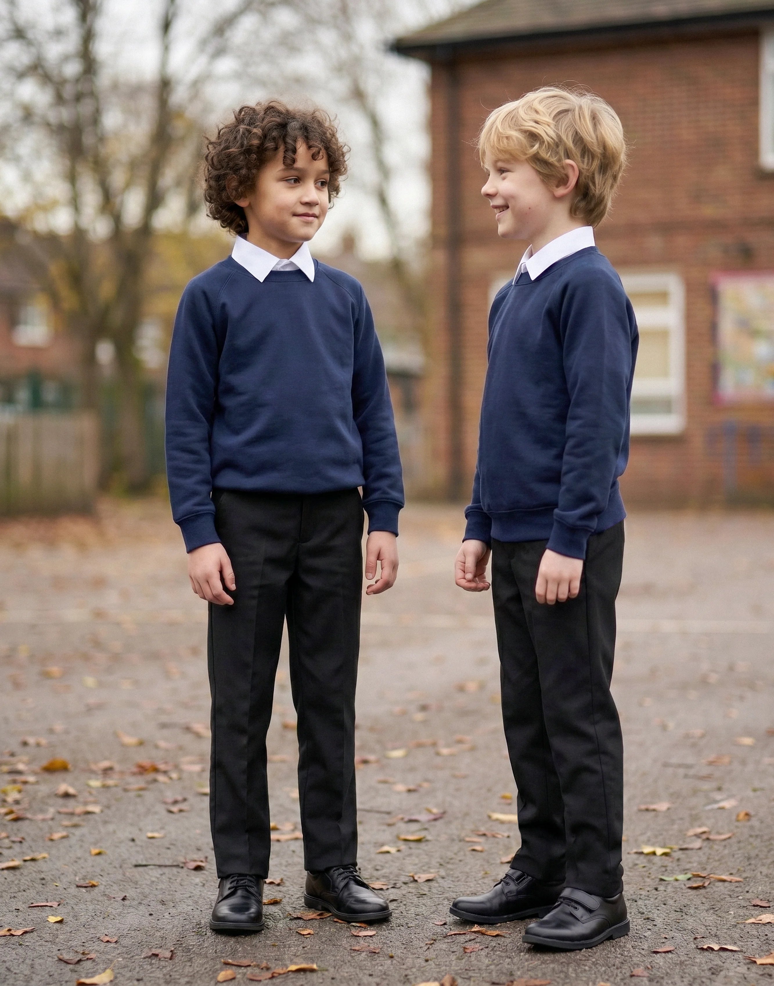 Boys wearing black slim style organic cotton school trousers, front view