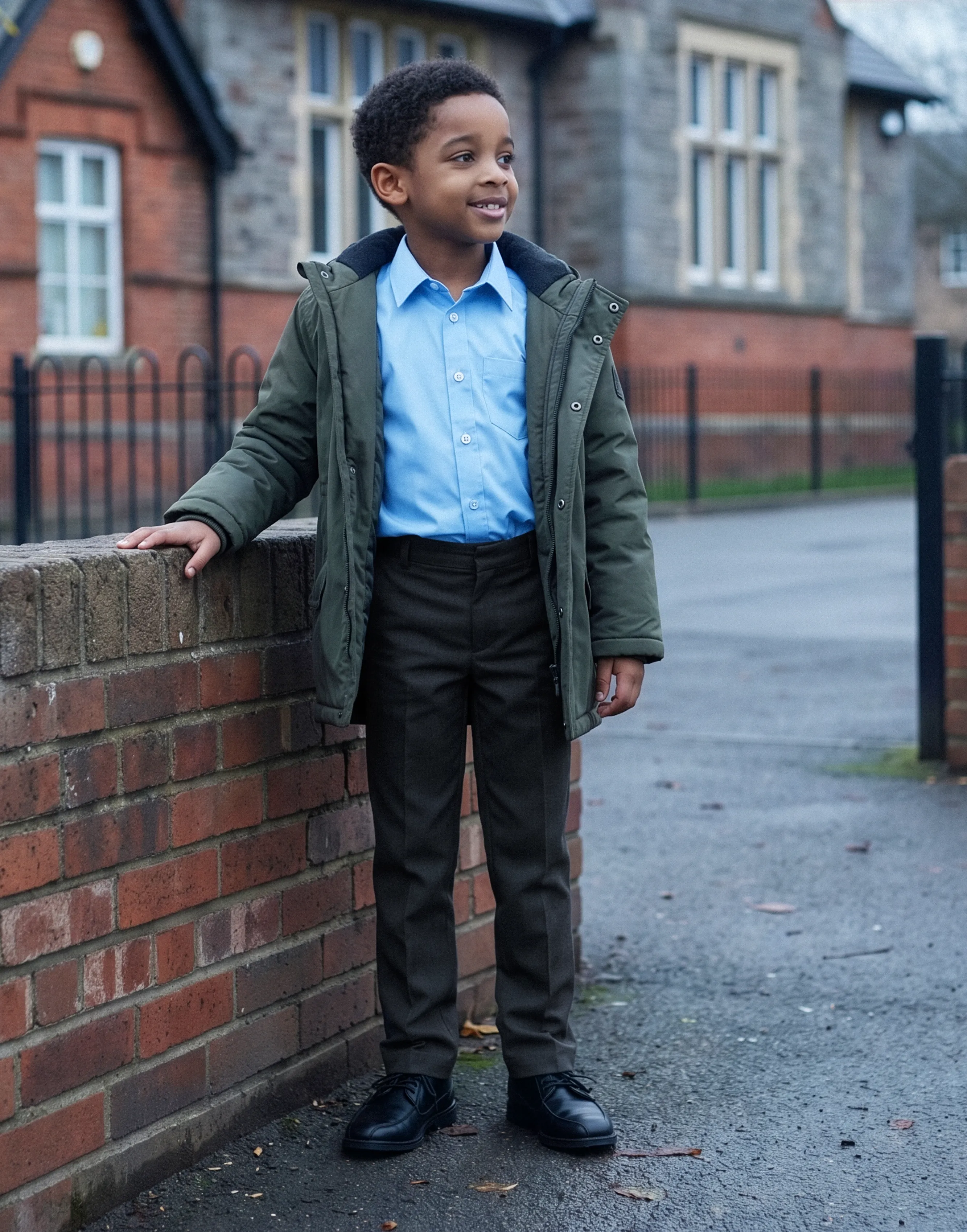 Boy wearing charcoal slim style organic cotton school trousers, front view