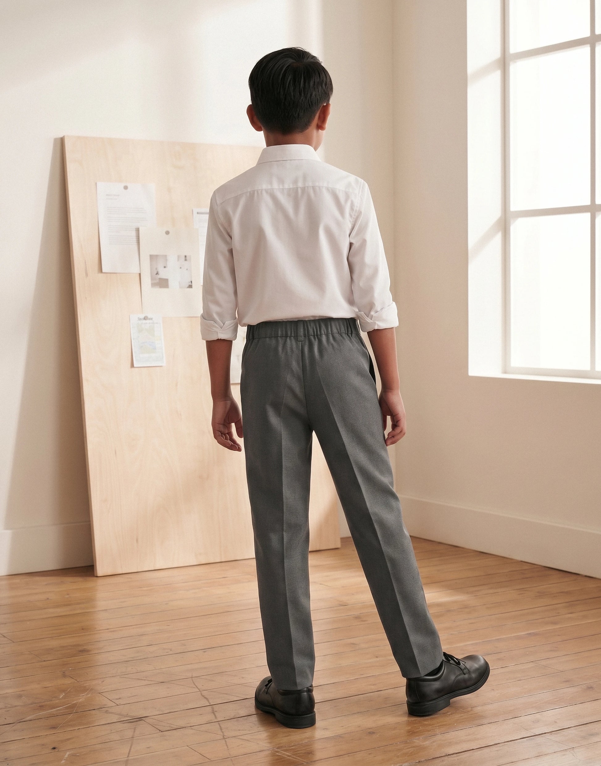 Boy wearing grey slim style organic cotton school trousers, back view