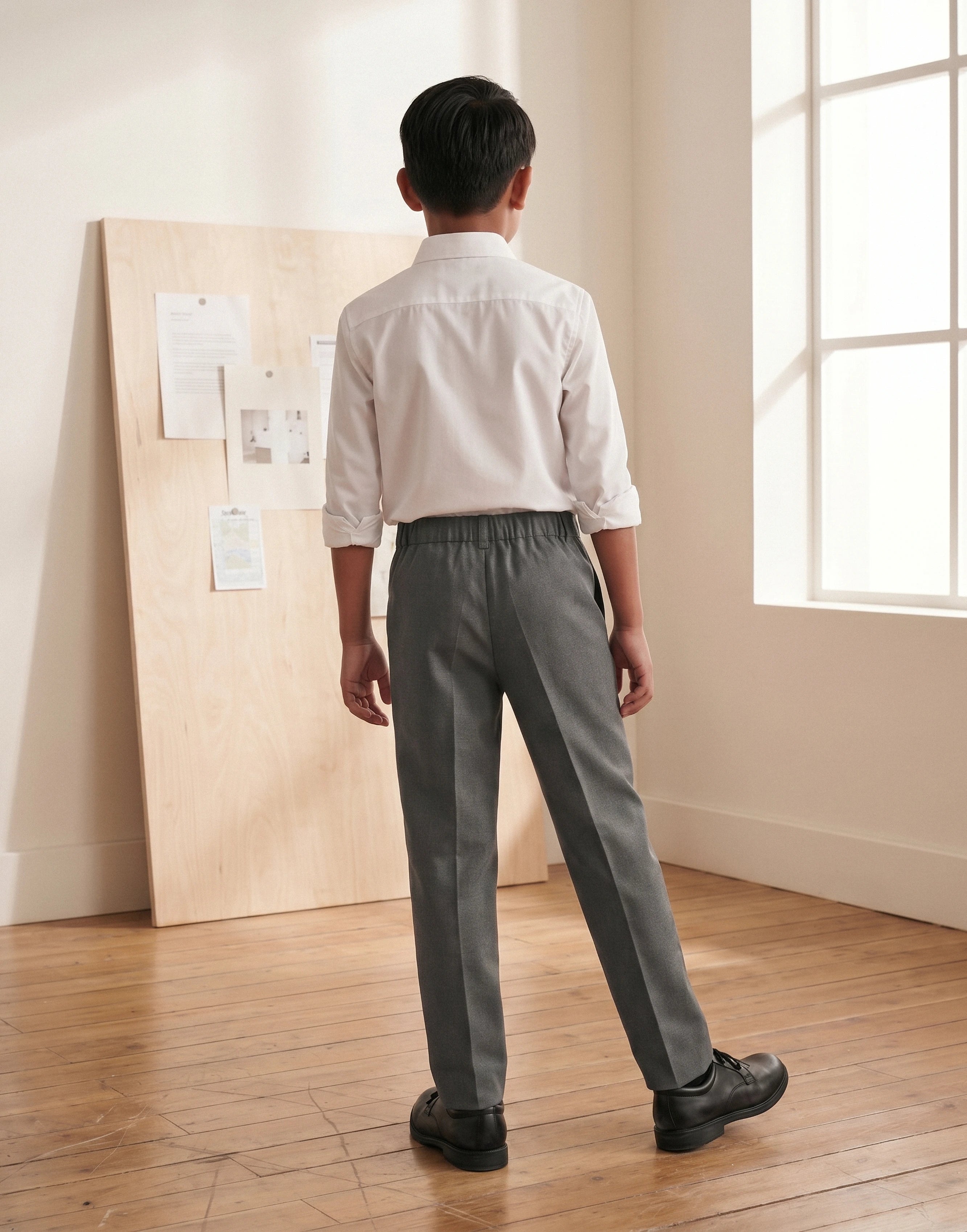 Boy wearing grey slim style organic cotton school trousers, back view