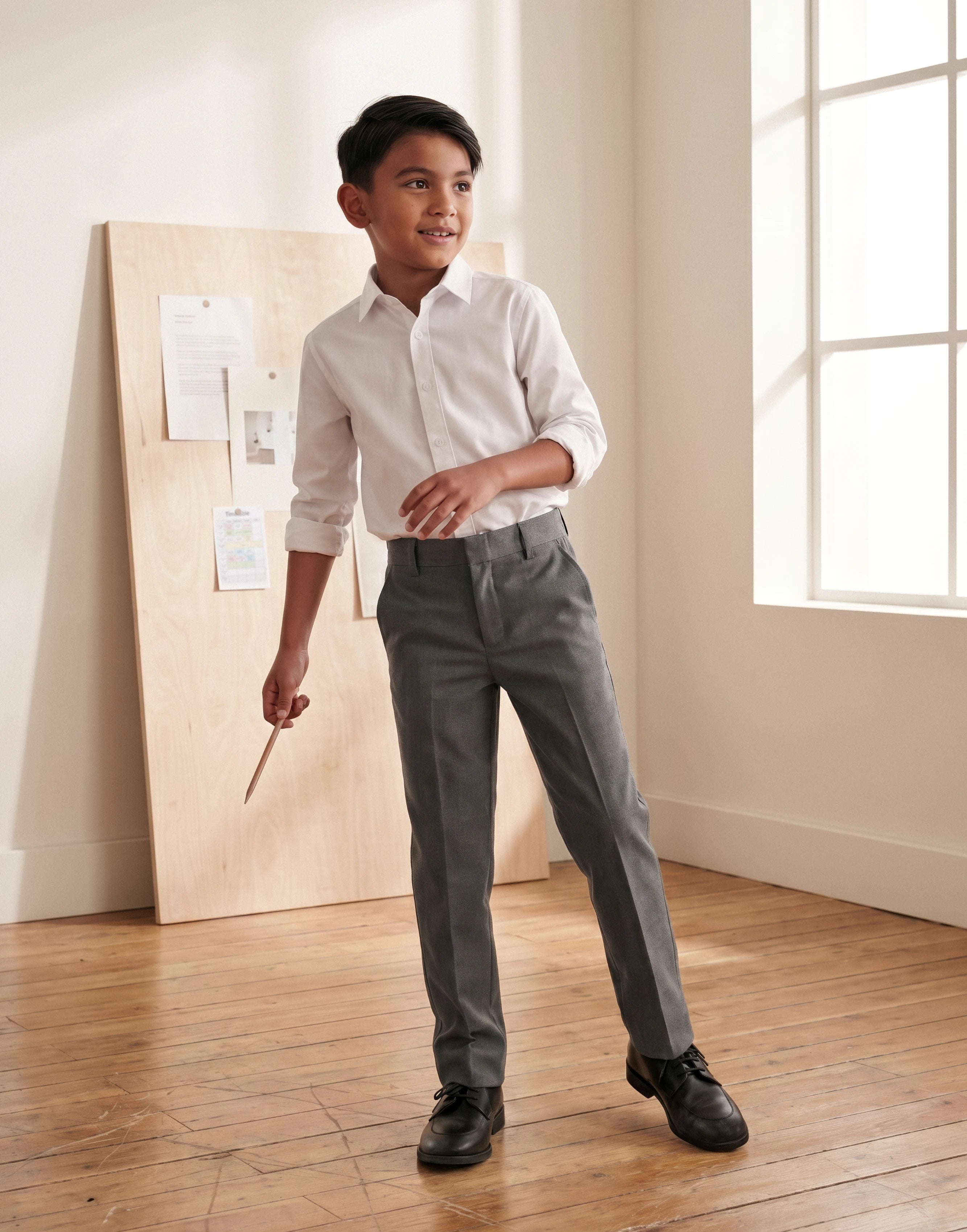 Boy wearing grey slim style organic cotton school trousers, front view.
