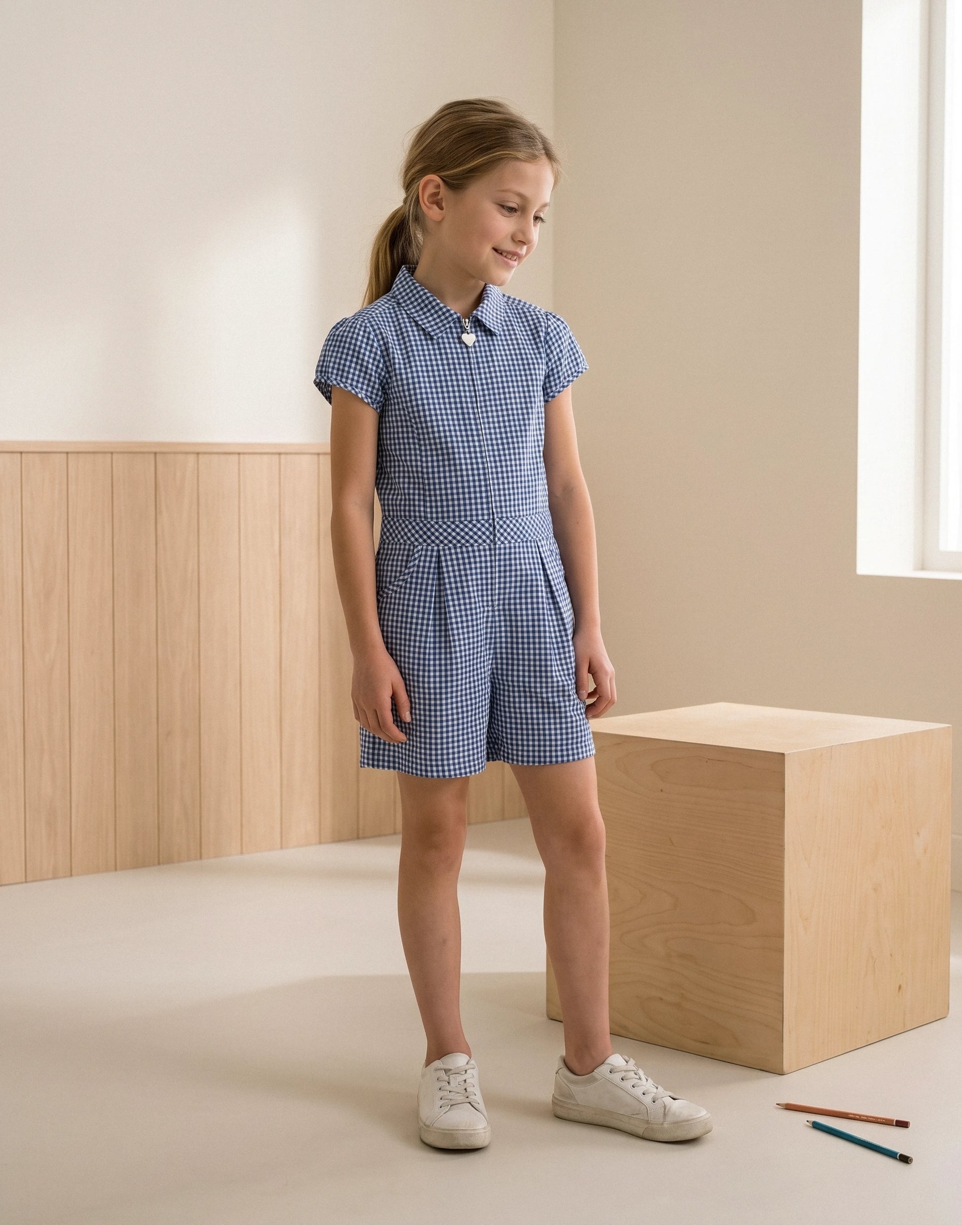 Girl wearing a blue gingham school playsuit made from 100% GOTS-certified organic cotton, front view