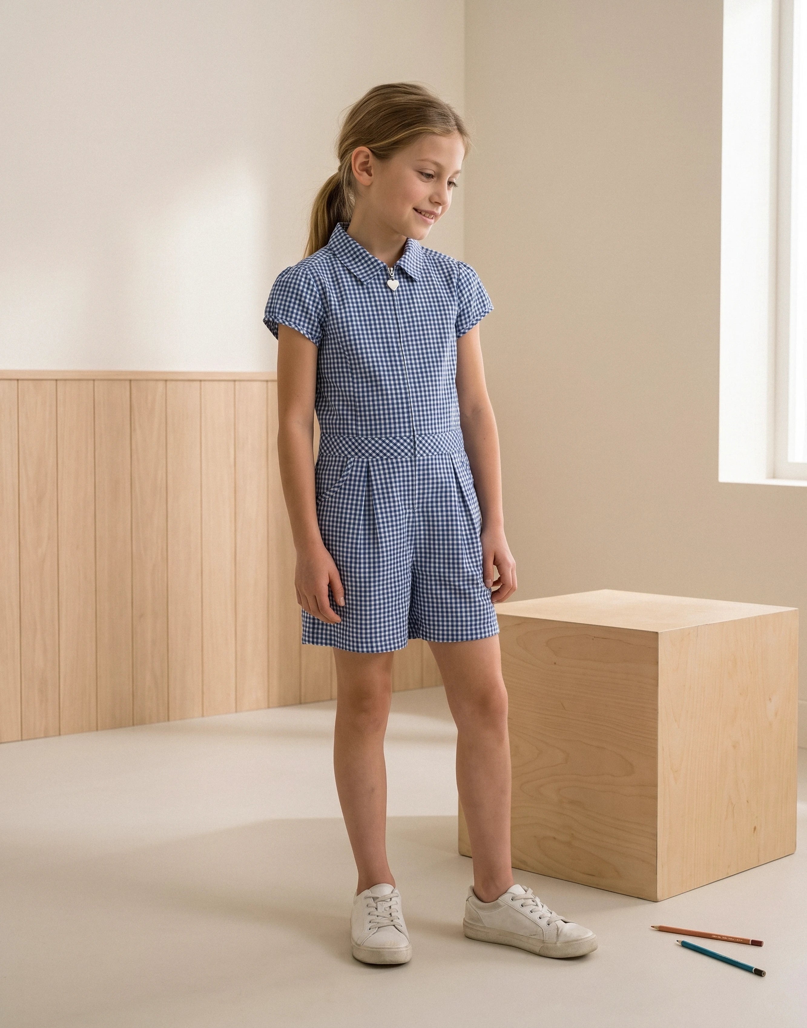 Girl wearing a blue gingham school playsuit made from 100% GOTS-certified organic cotton, front view