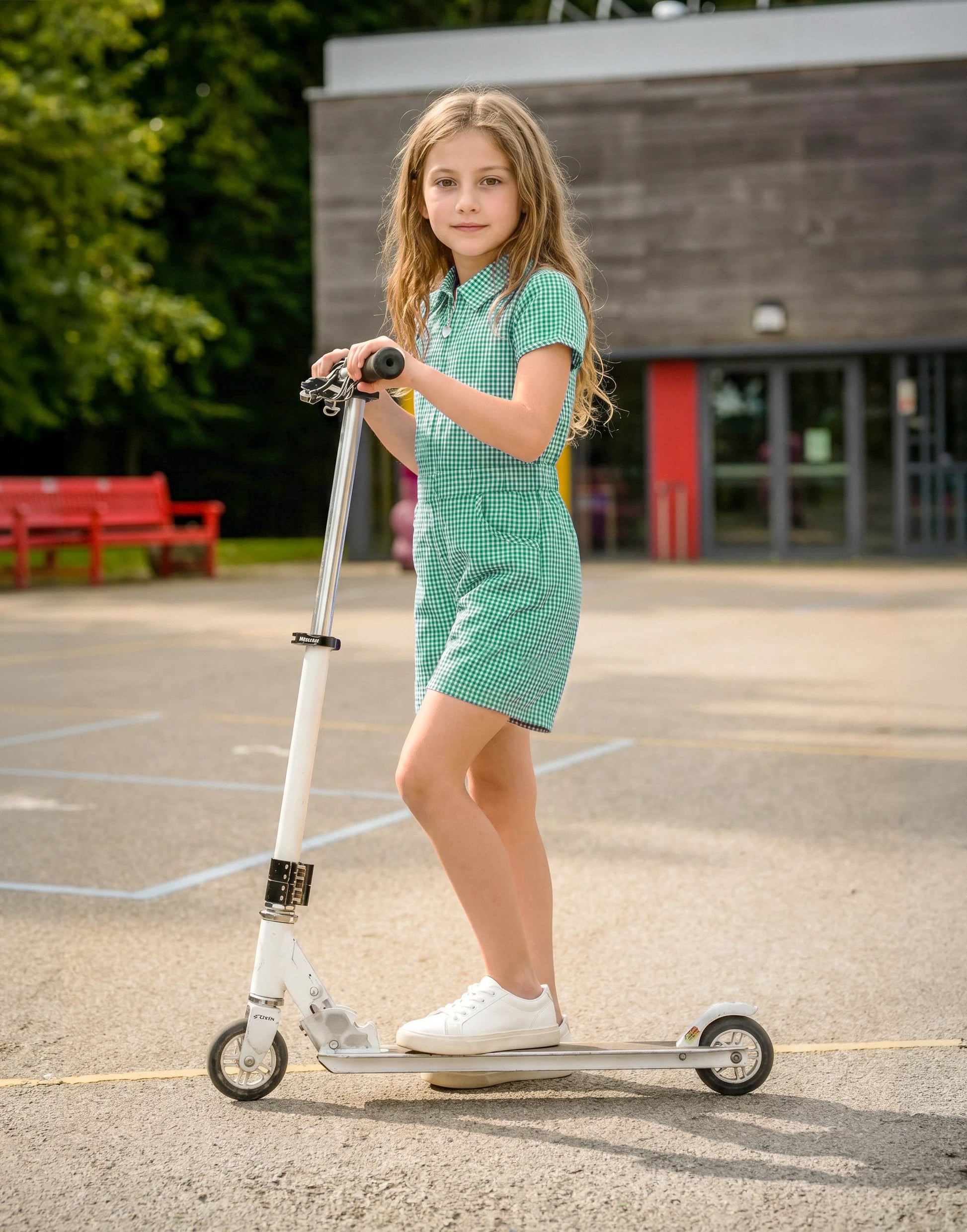 Girl wearing a green gingham school playsuit made from 100% GOTS-certified organic cotton, side view