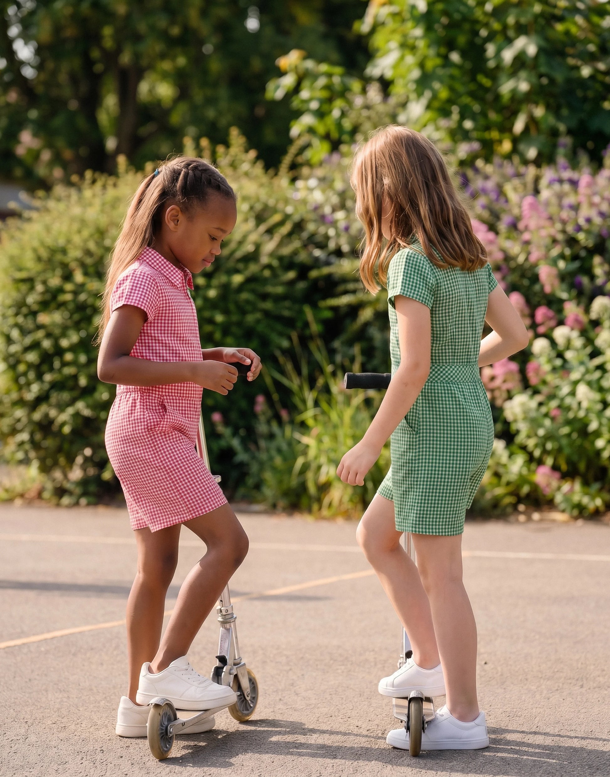Girls wearing a green and red gingham school playsuit made from 100% GOTS-certified organic cotton, back and side view