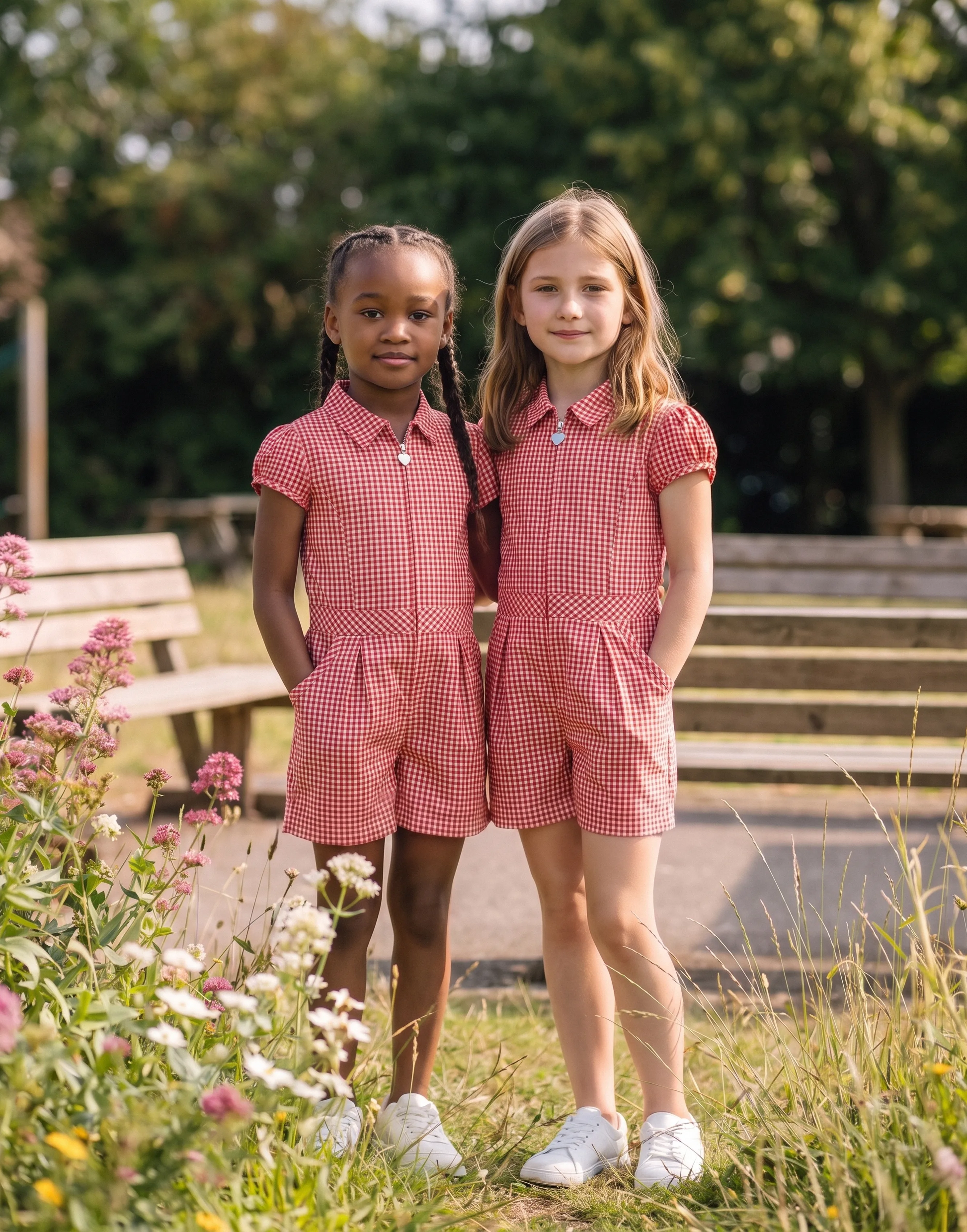 Girl wearing a red gingham school playsuit made from 100% GOTS-certified organic cotton, front view.