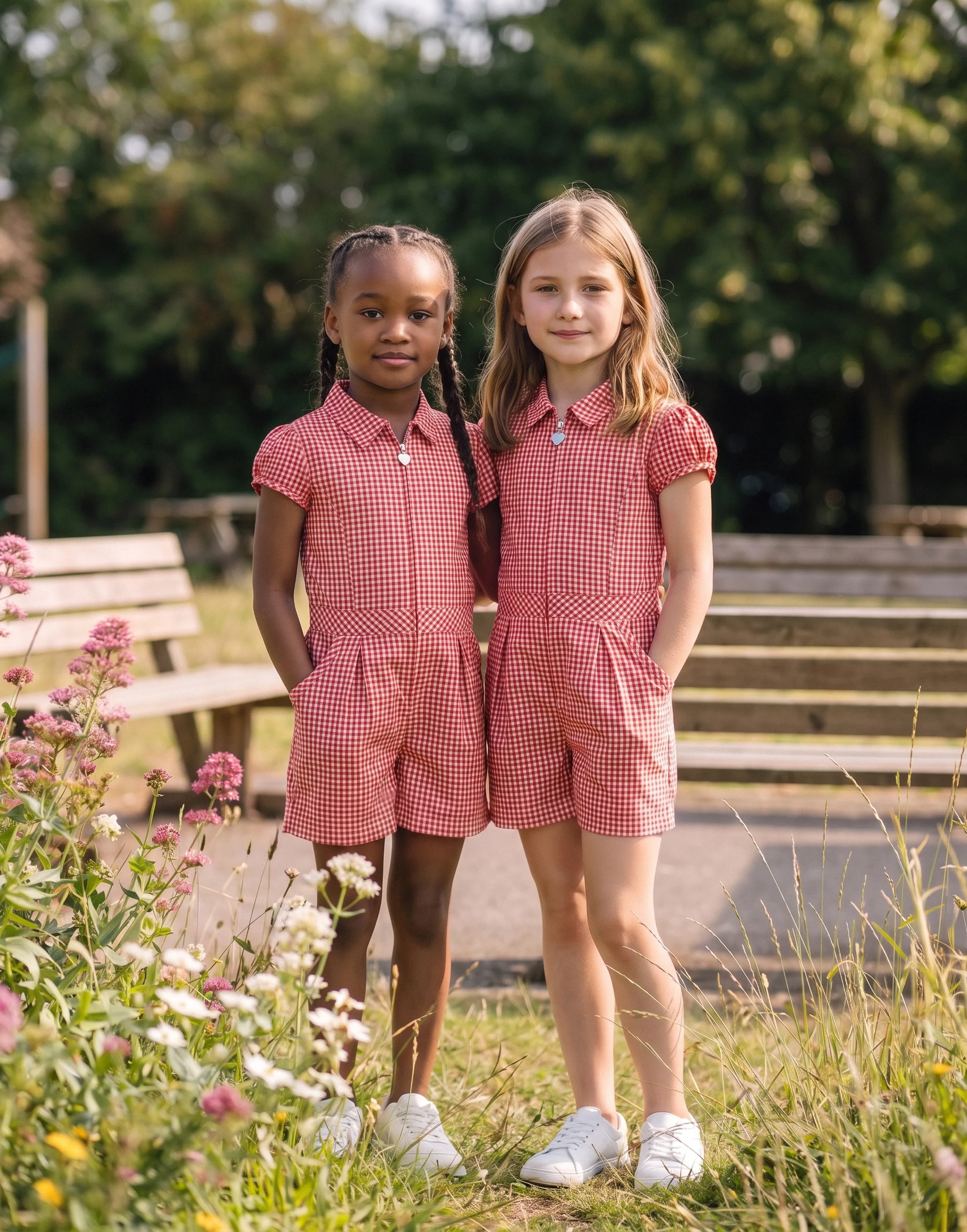 Girl wearing a red gingham school playsuit made from 100% GOTS-certified organic cotton, front view.