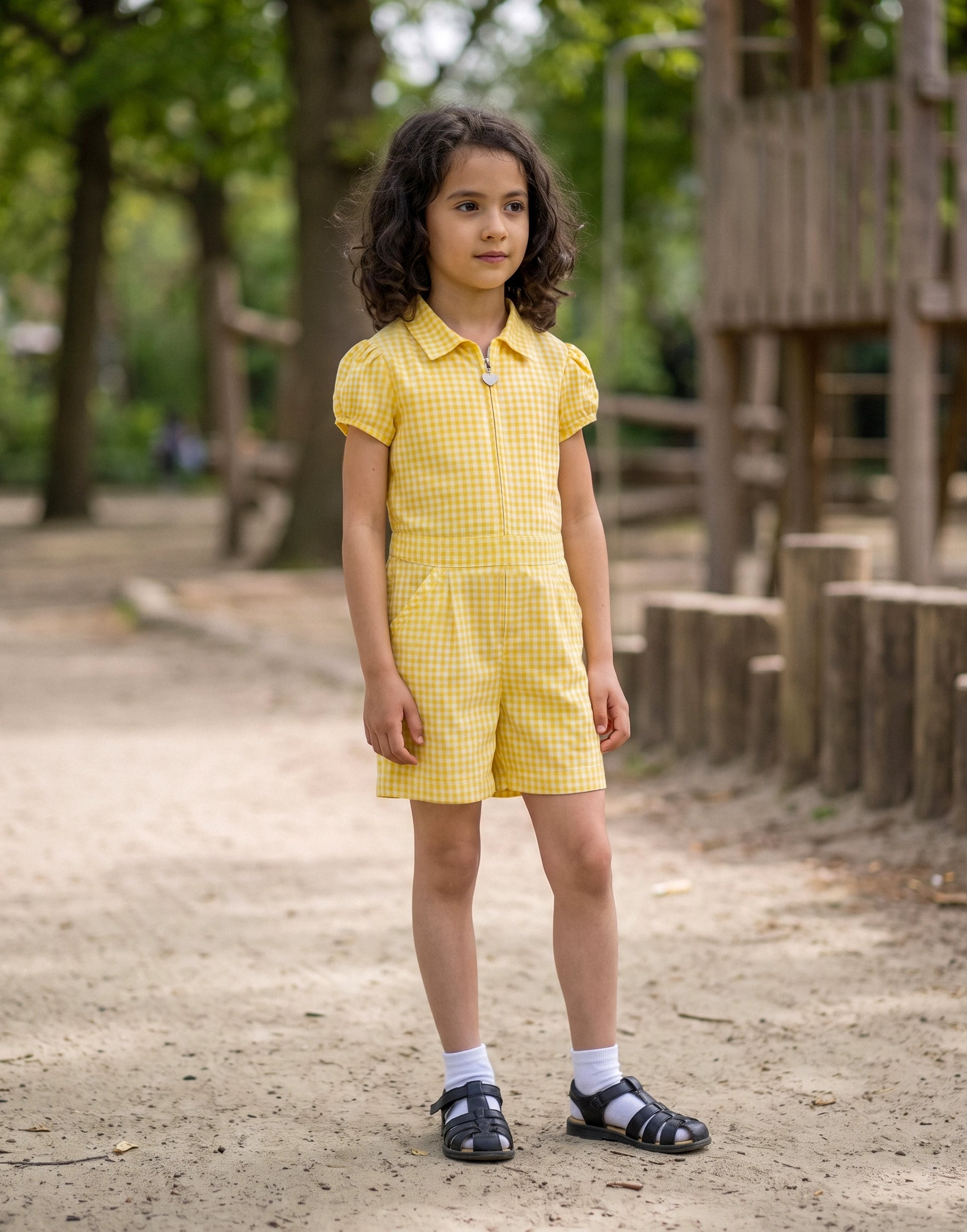Girl wearing a yellow gingham school playsuit made from 100% GOTS-certified organic cotton, front view