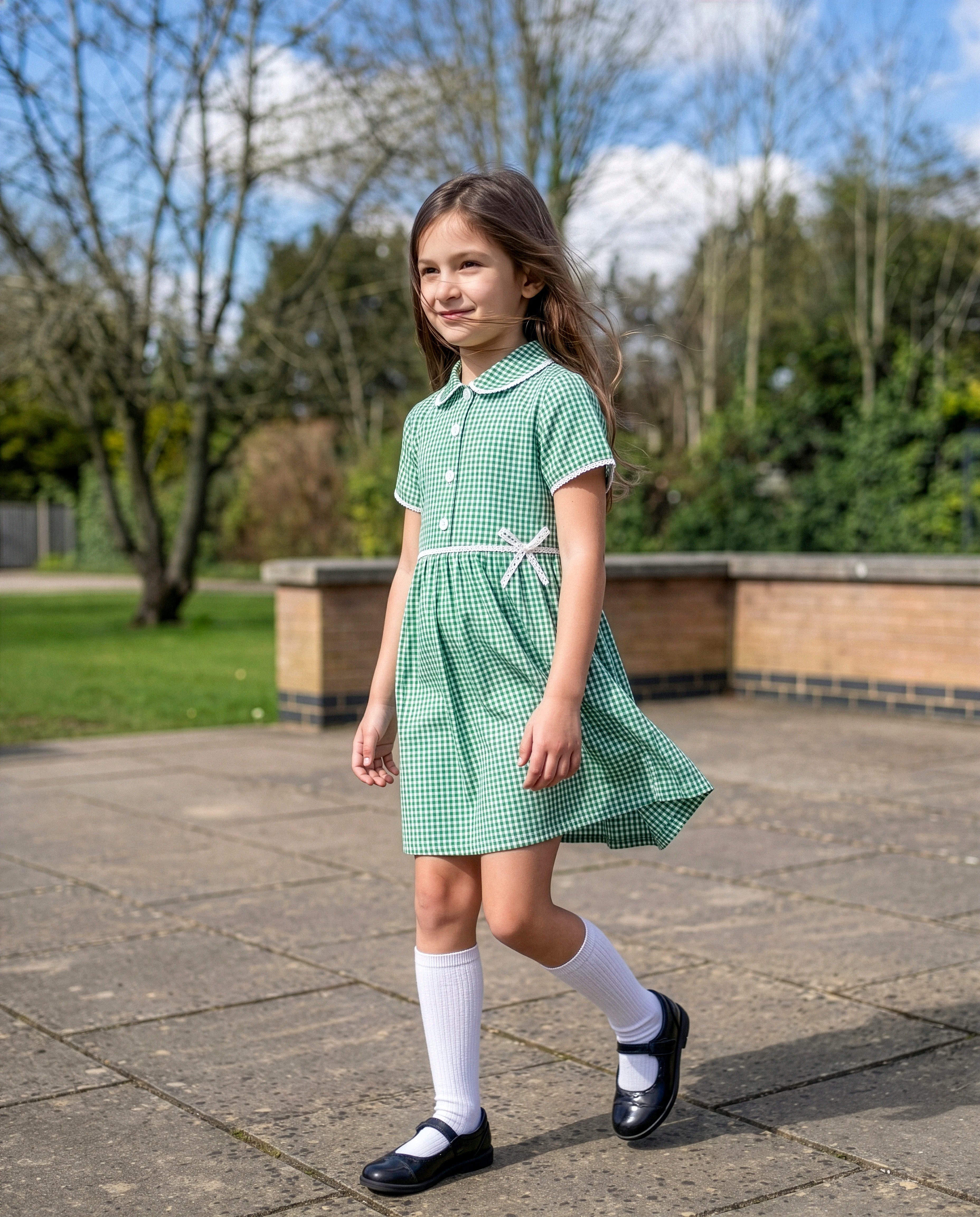 Girl wearing a green gingham summer school dress made from 100% GOTS-certified organic cotton, front view