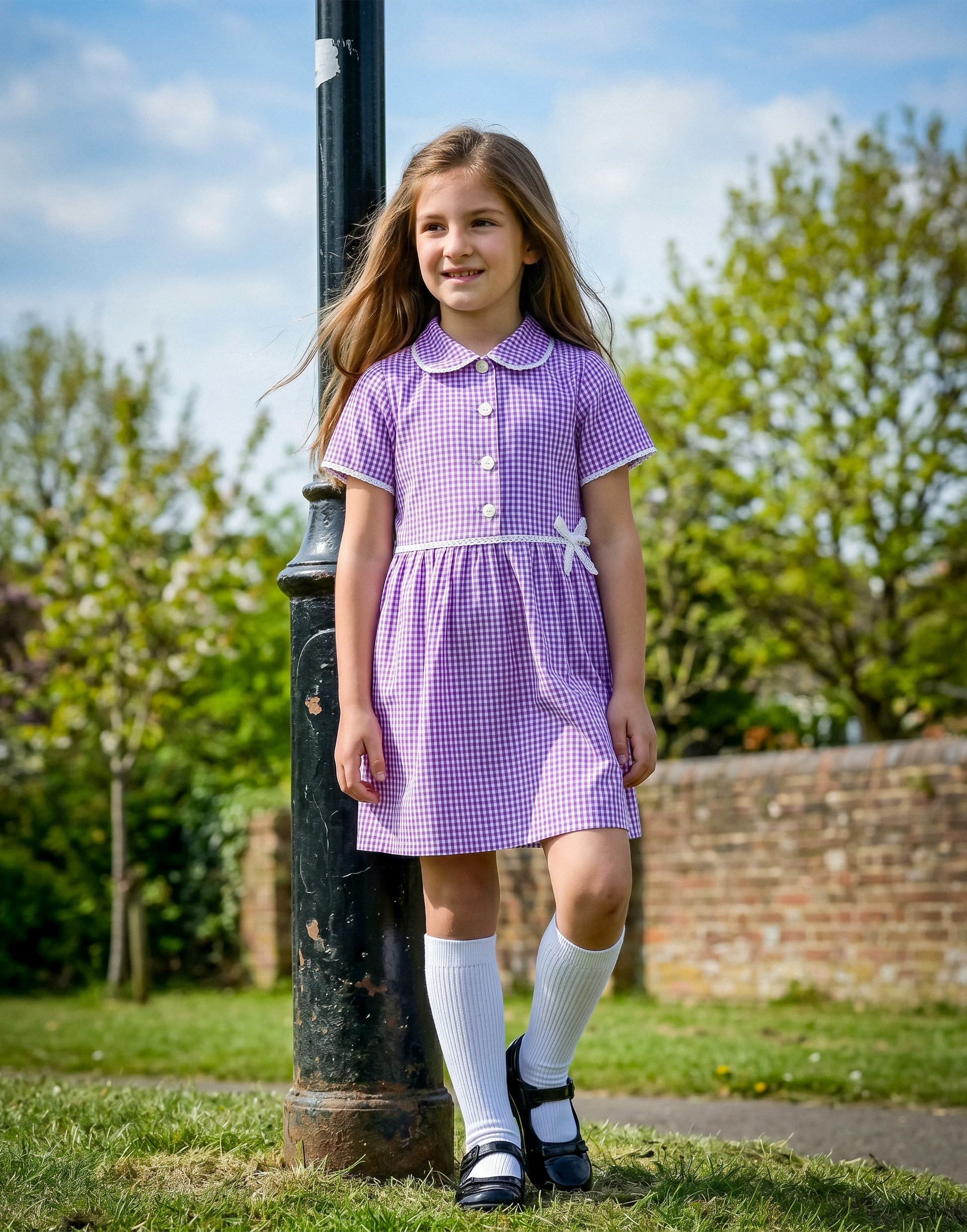 Girl wearing a lilac gingham summer school dress made from 100% GOTS-certified organic cotton, front view.