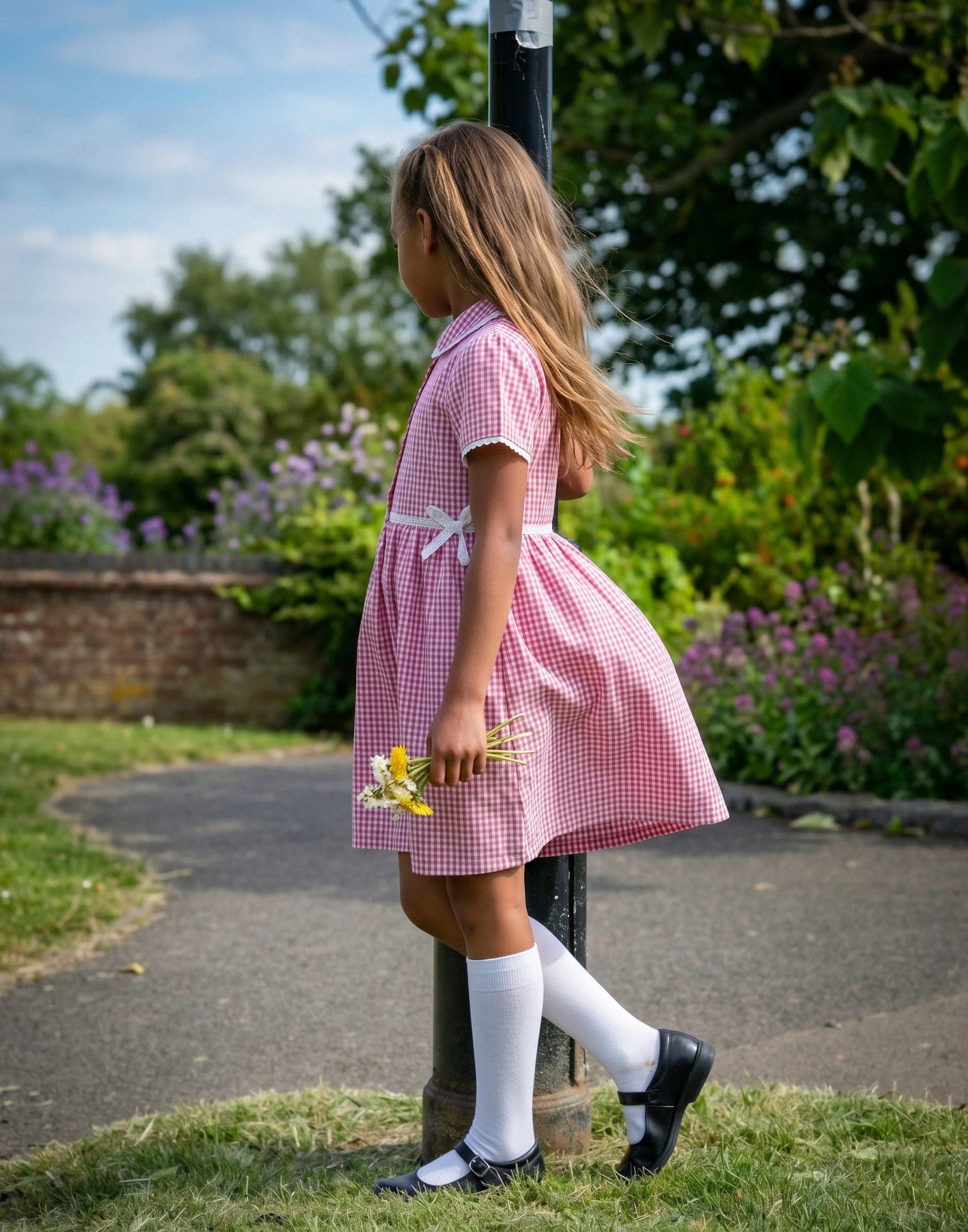 Girl wearing a red gingham summer school dress made from 100% GOTS-certified organic cotton, side view.