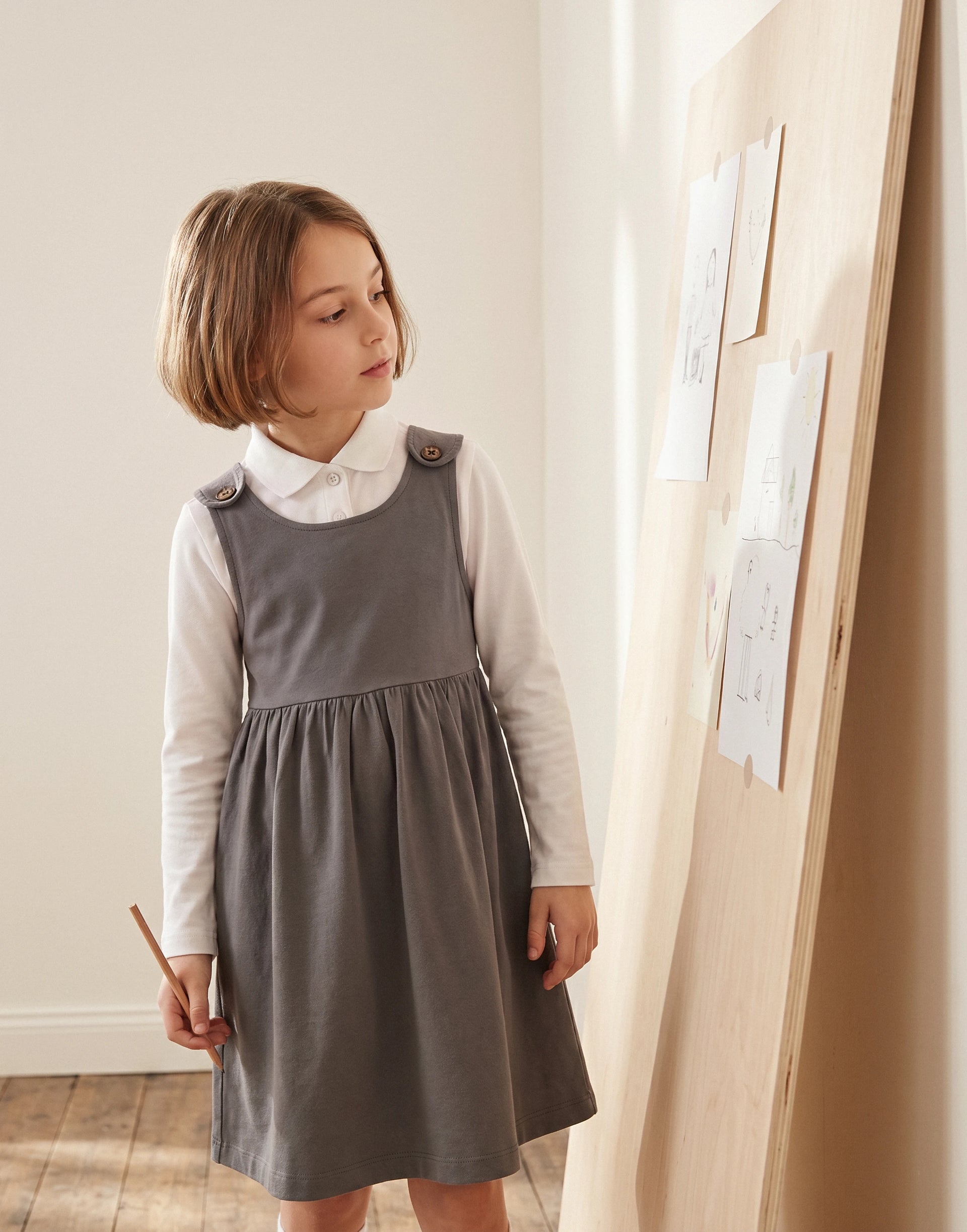 Girls' Grey Jersey School Pinafore Dress – Organic Cotton - 3