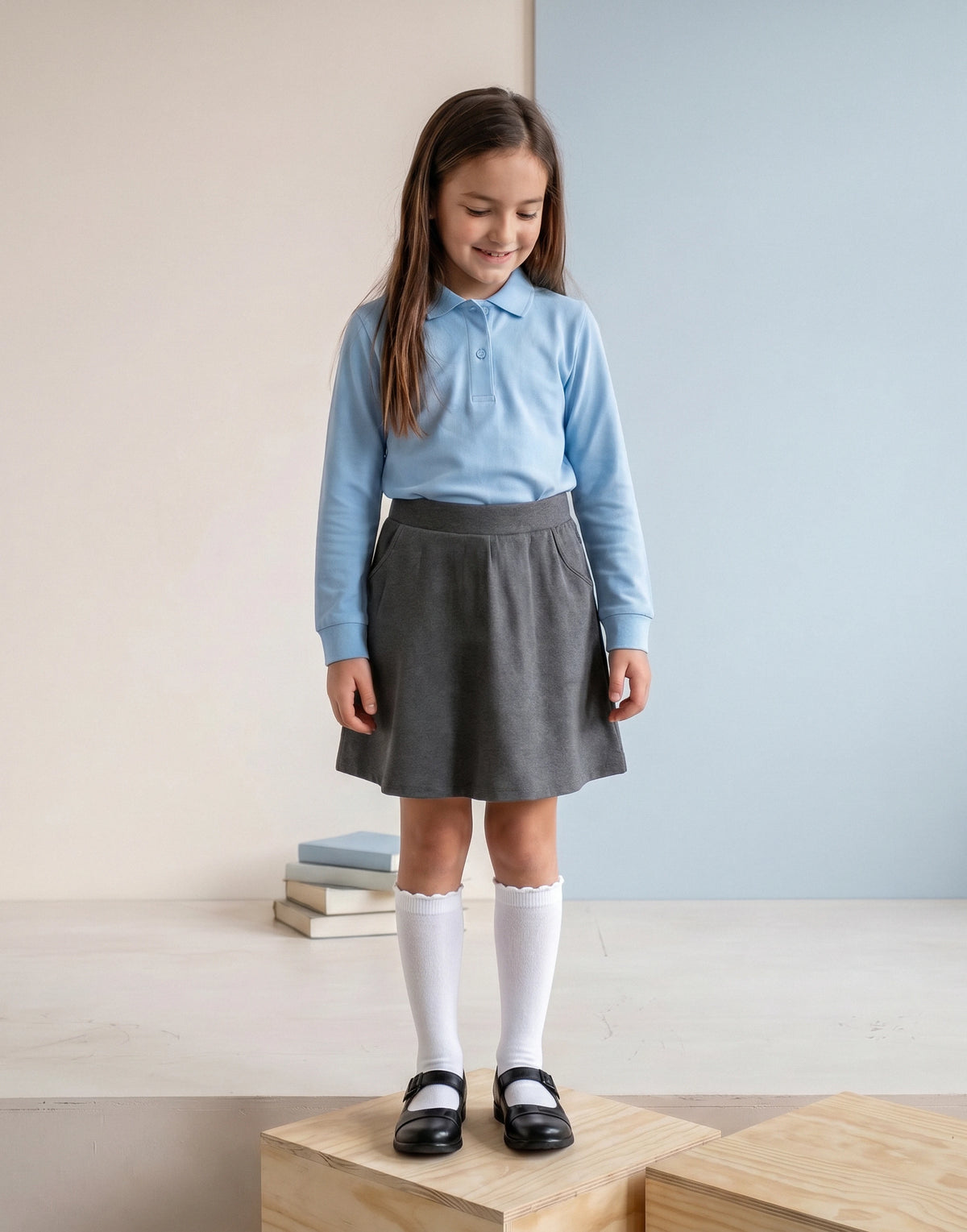 Girl wearing a grey jersey school skirt made from GOTS-certified organic cotton jersey, front view.