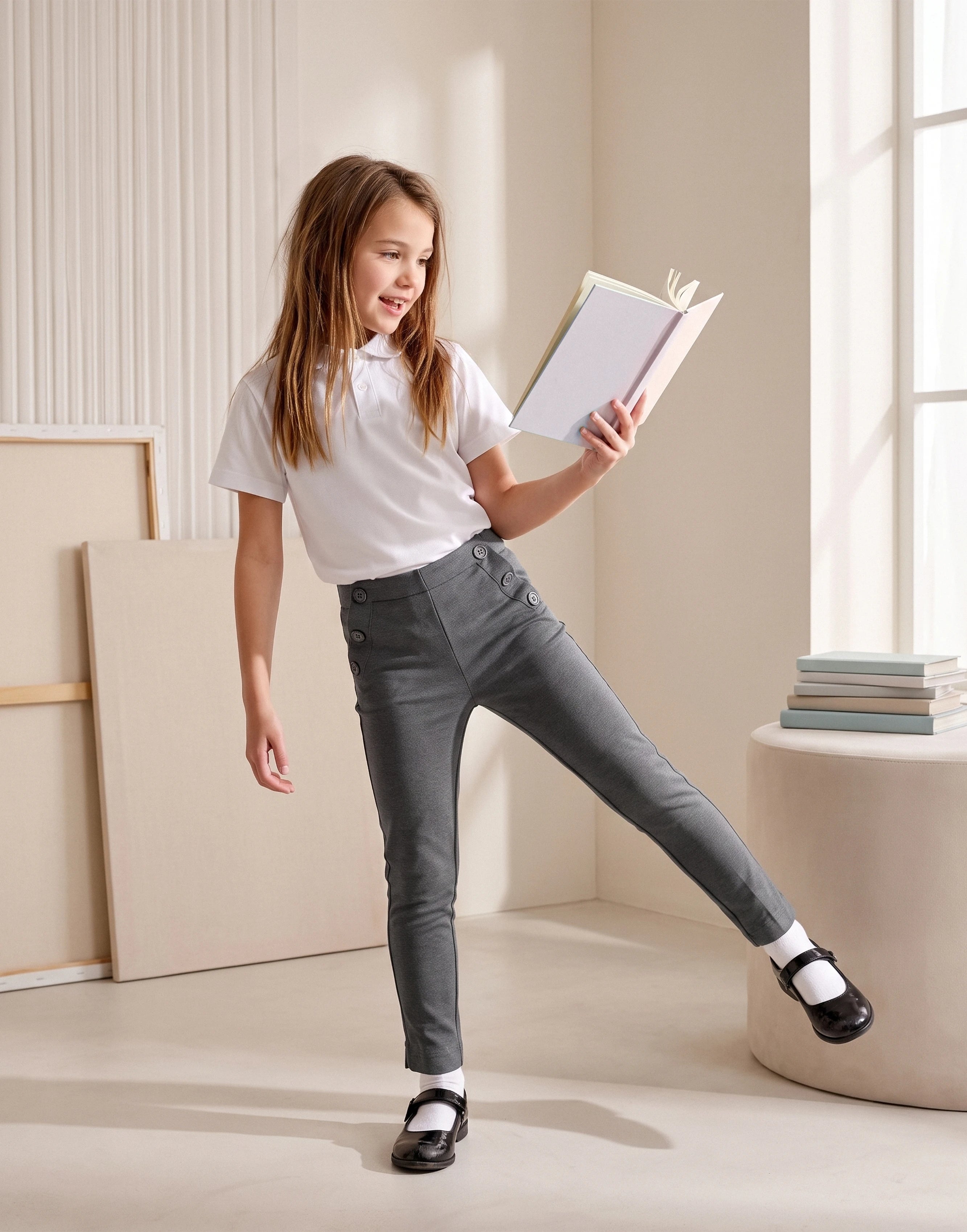 Girl wearing grey jersey school trousers made from GOTS-certified organic cotton jersey, front view.