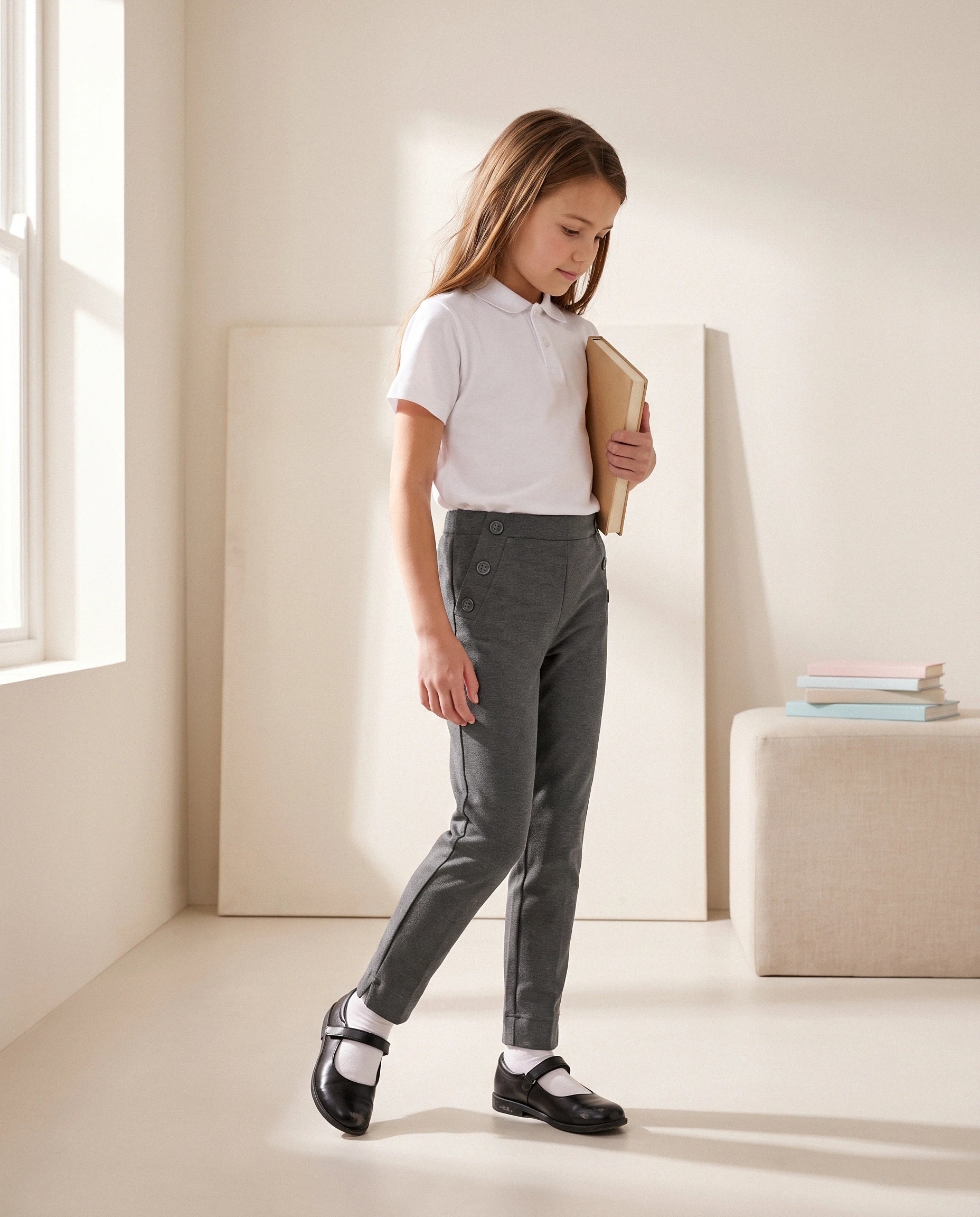 Side view of grey organic cotton jersey school trousers.
