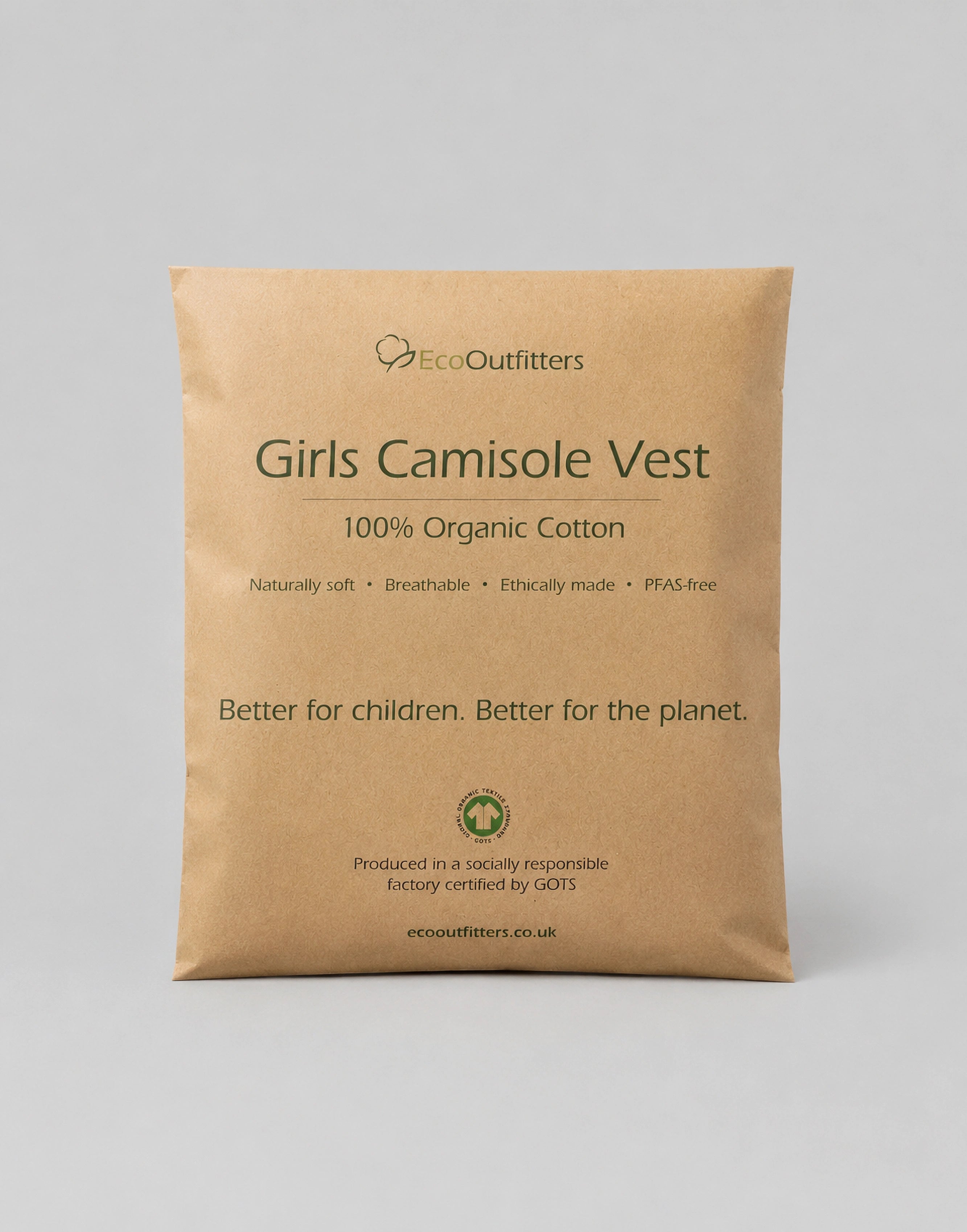 A brown kraft paper pouch for EcoOutfitters Girls Camisole Vest, made of 100% organic cotton, shown on a neutral gray background.