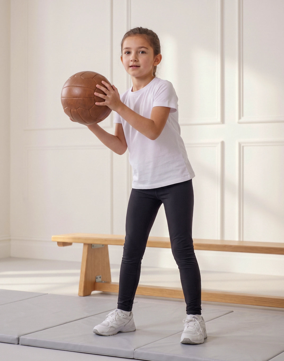Girl wearing black jersey leggings made from 100% GOTS-certified organic cotton, front view.