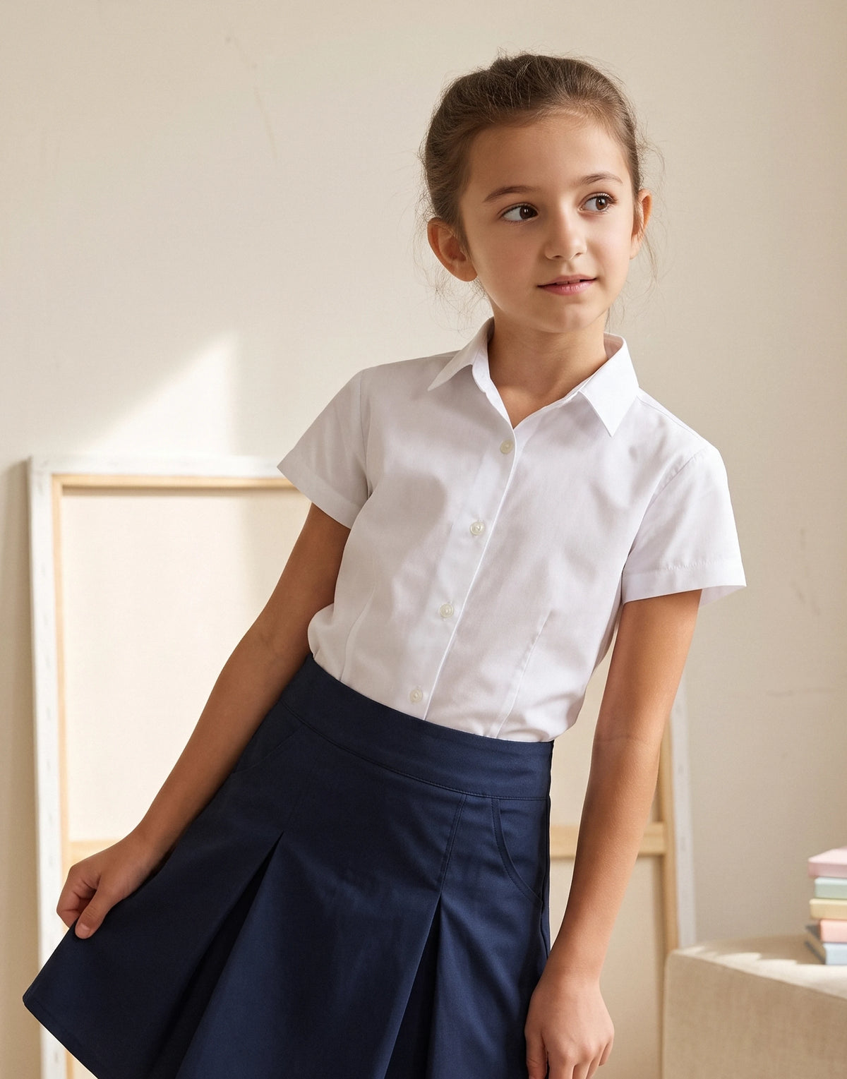 Girl wearing a white regular collar short sleeve school blouse made from 100% GOTS-certified organic cotton.