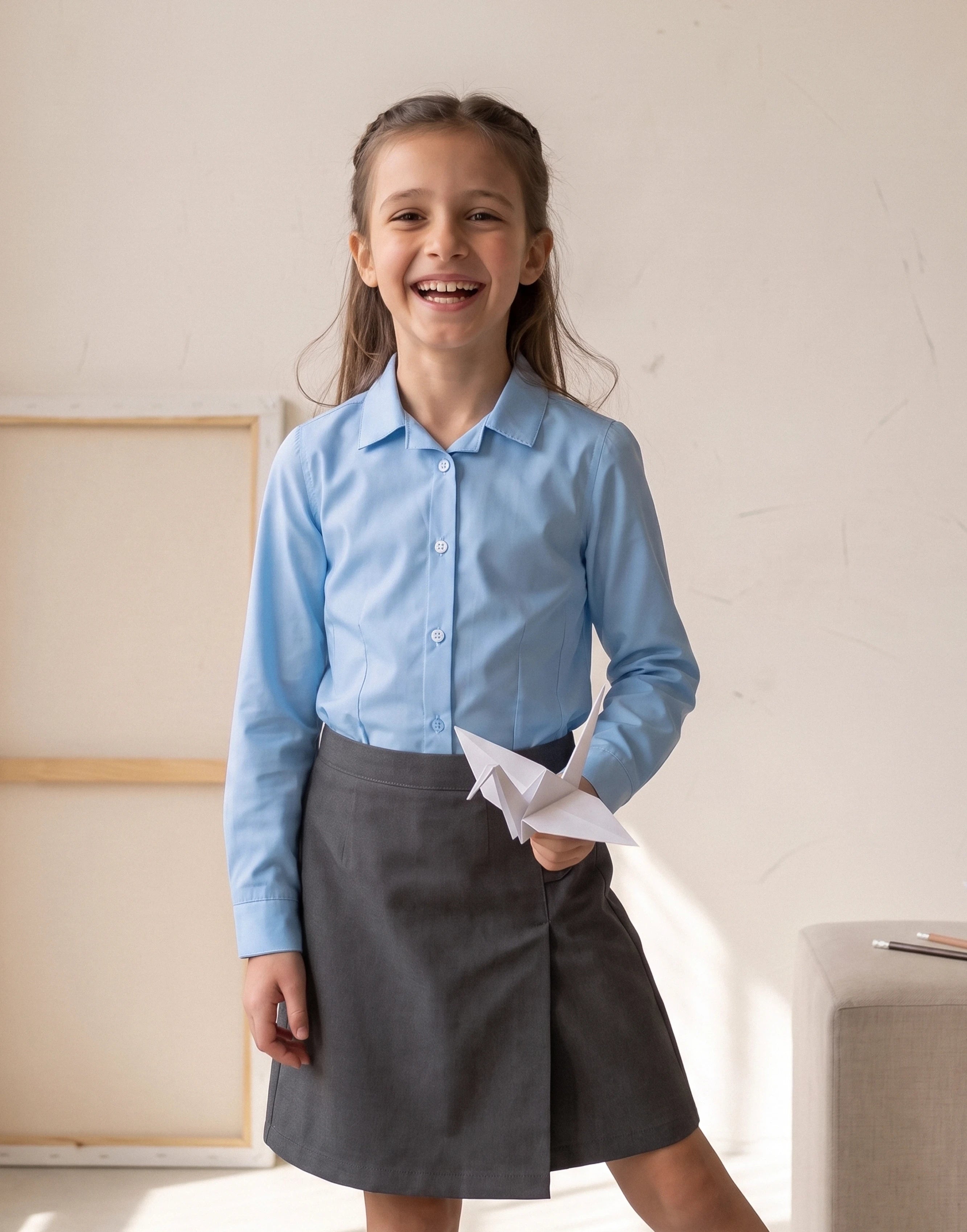 Girl wearing a light blue long sleeve revere collar school blouse made from 100% GOTS-certified organic cotton.