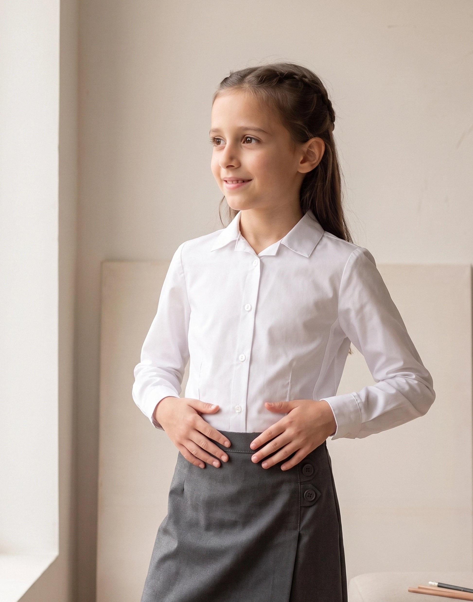 Girl wearing a white long sleeve revere collar school blouse made from 100% GOTS-certified organic cotton.