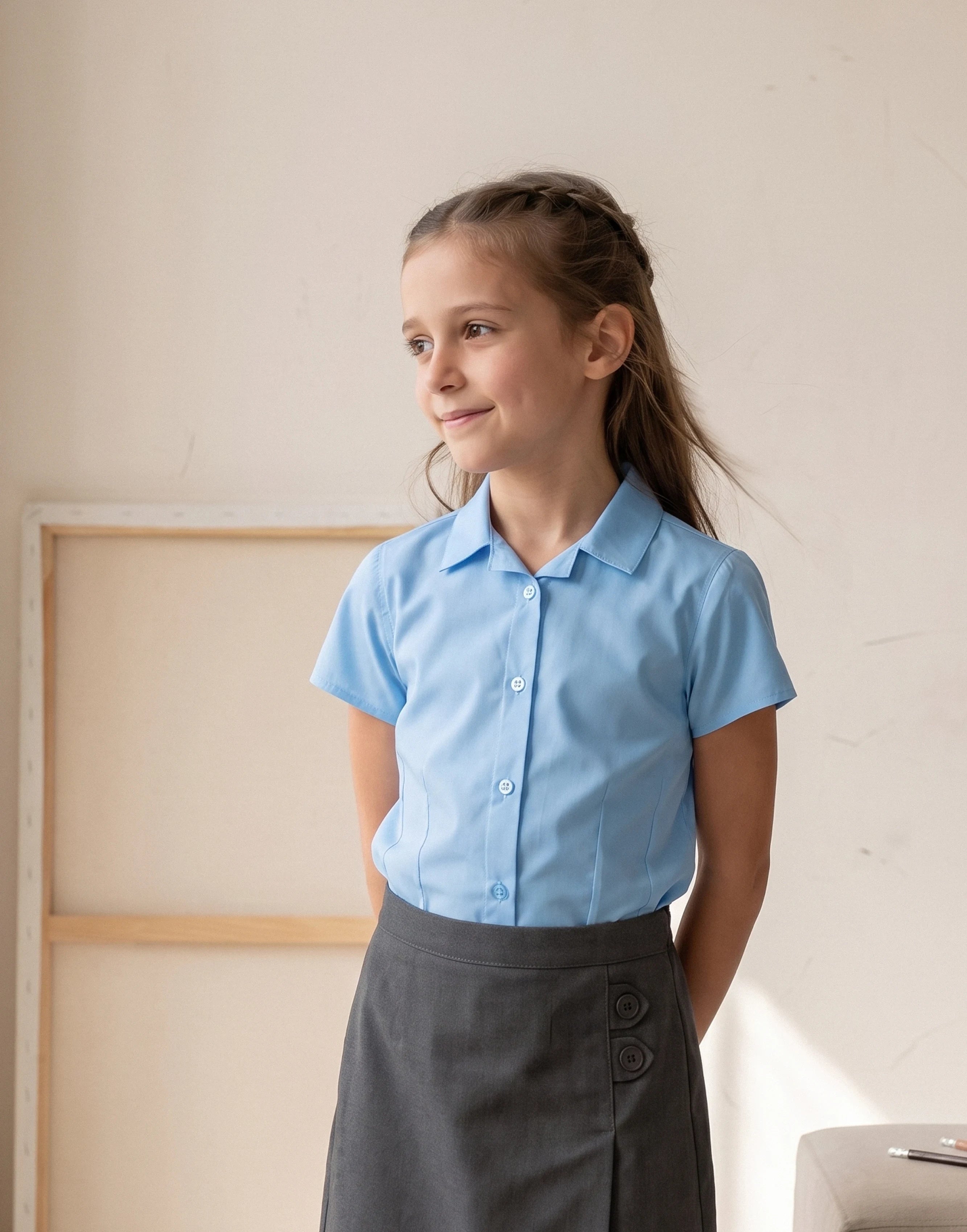 Girl wearing a light blue revere collar short sleeve school blouse made from 100% GOTS-certified organic cotton.