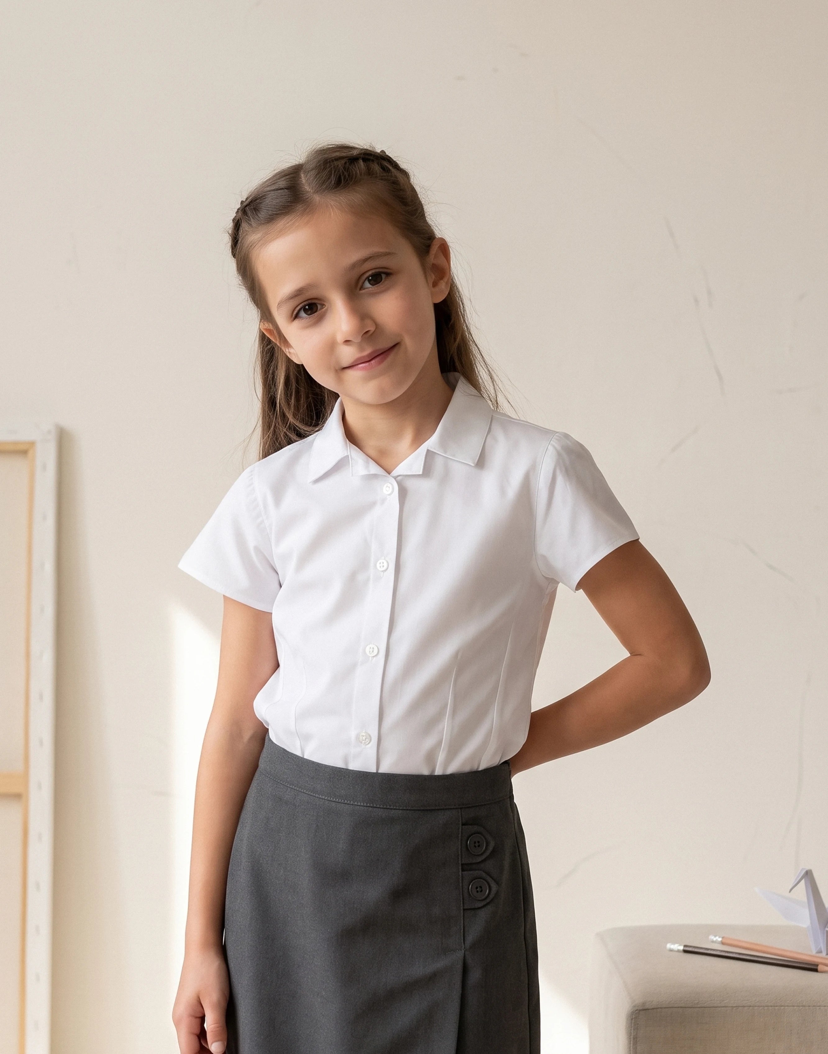 Girl wearing a white revere collar short sleeve school blouse made from 100% GOTS-certified organic cotton.