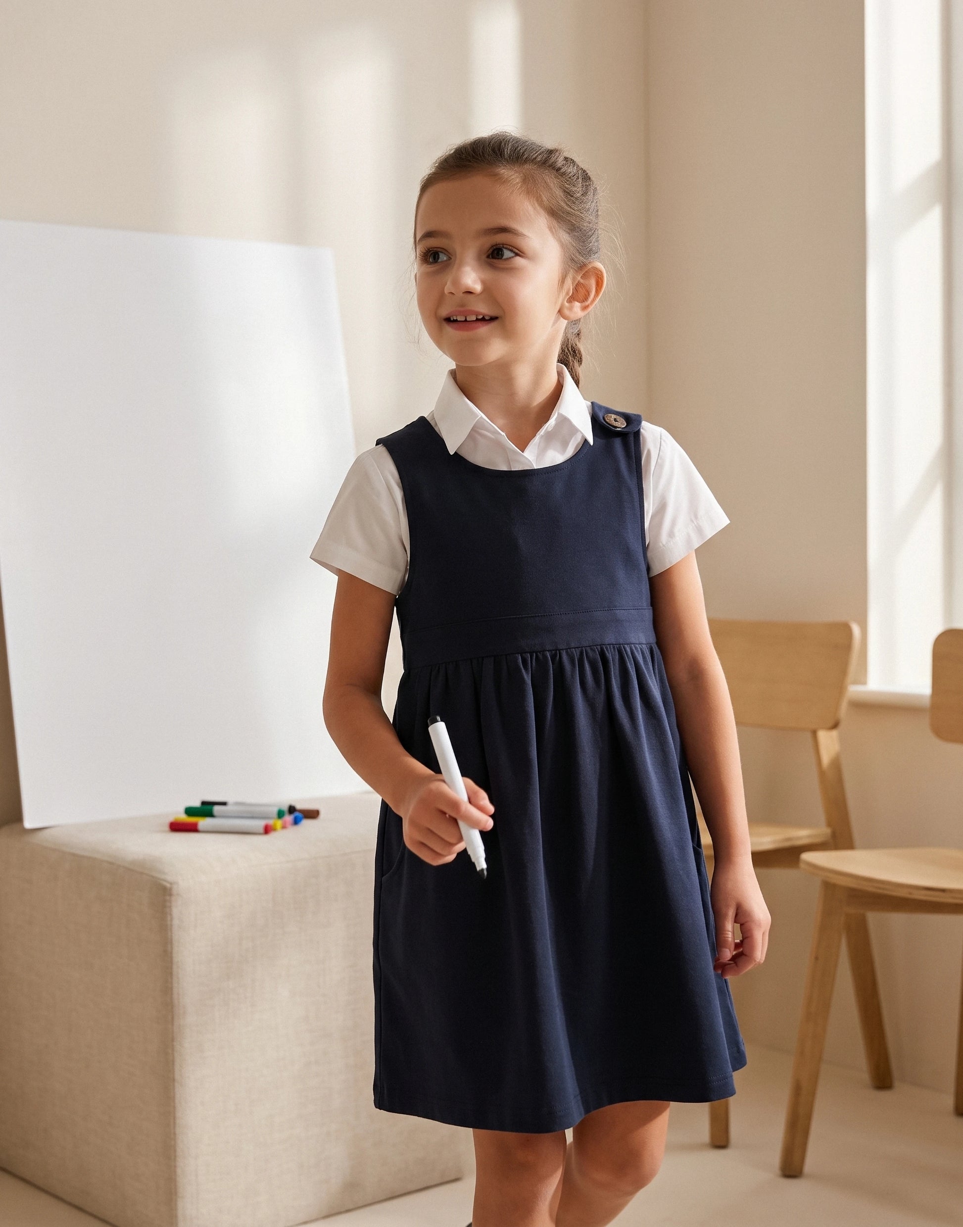Girl wearing a navy school pinafore dress made from 100% GOTS-certified organic cotton.