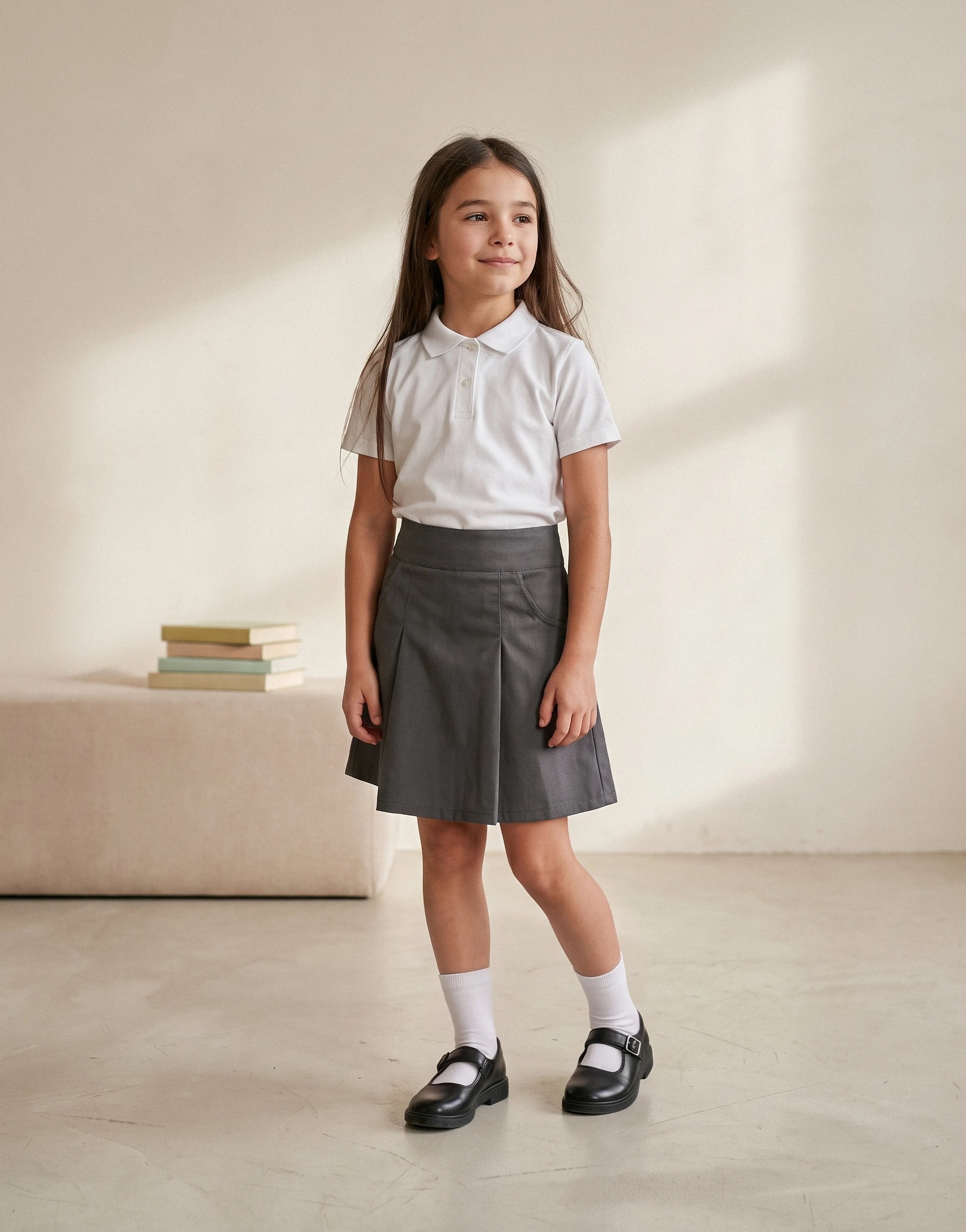 Girl wearing a grey pleated school skirt made from 100% GOTS-certified organic cotton, front view.
