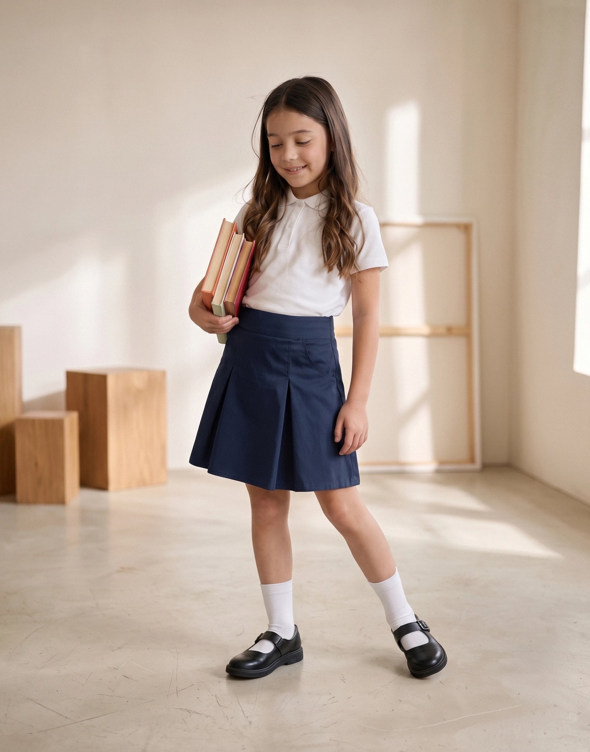 Girl wearing a navy pleated school skirt made from 100% GOTS-certified organic cotton, front view.