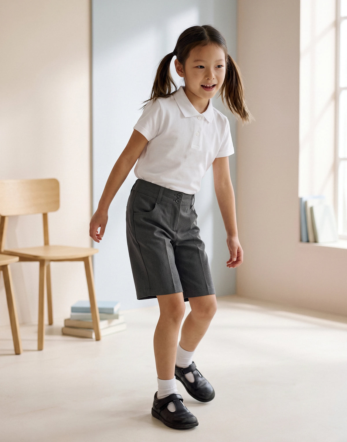 Girl wearing grey school shorts made from 100% GOTS-certified organic cotton, front view.