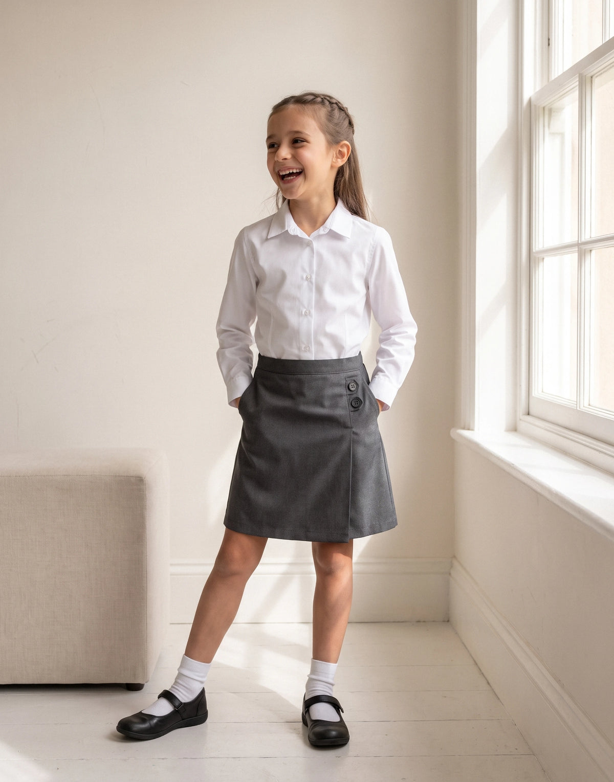 Girl wearing a grey school skort made from 100% GOTS-certified organic cotton, front view.