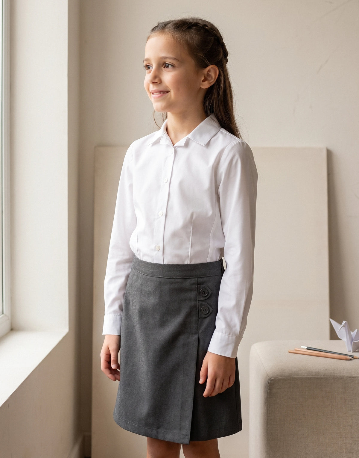 Girl wearing a grey school skort made from 100% GOTS-certified organic cotton, side view.